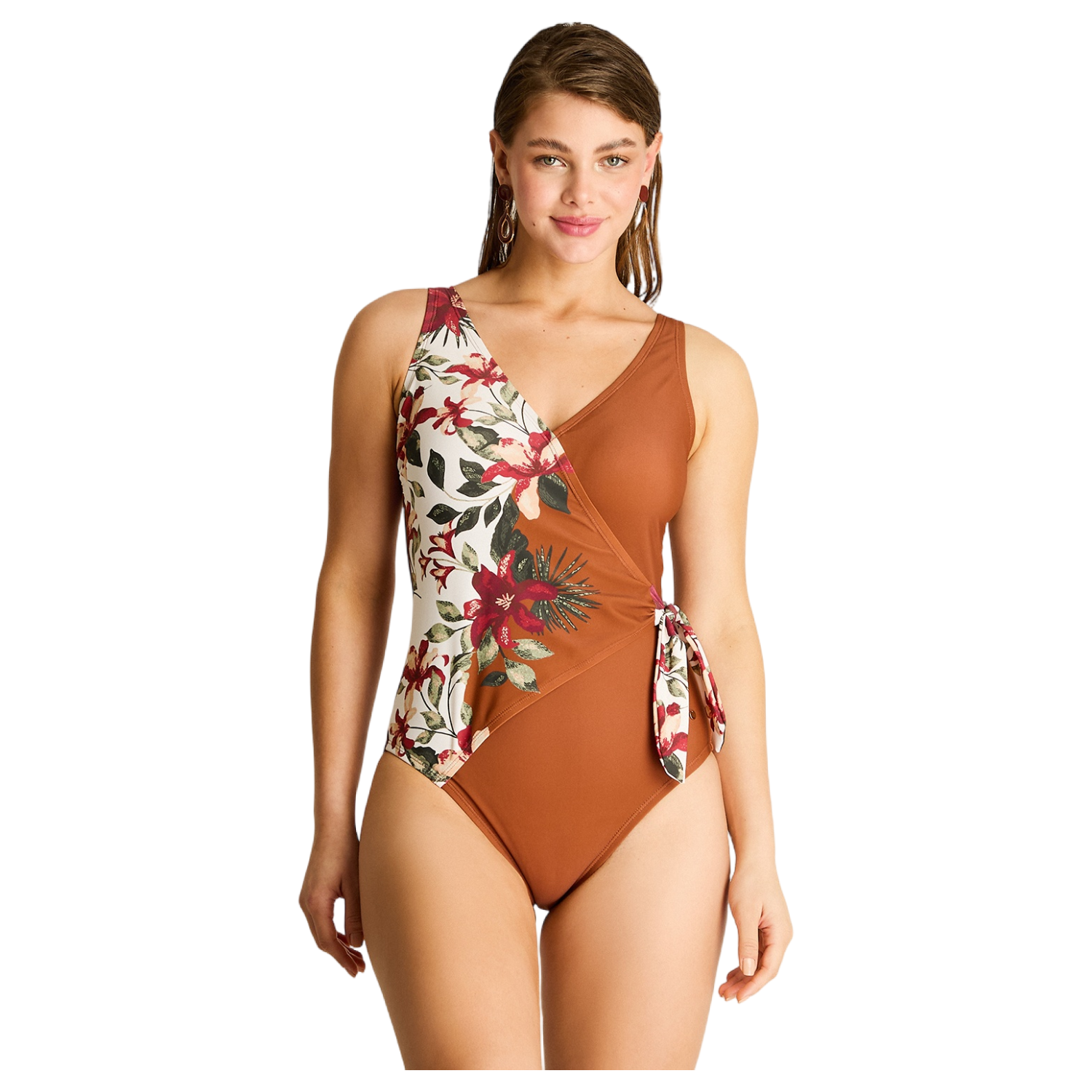 Traje de Baño Entero Terracota con Estampado Floral y Nudo Lateral-0