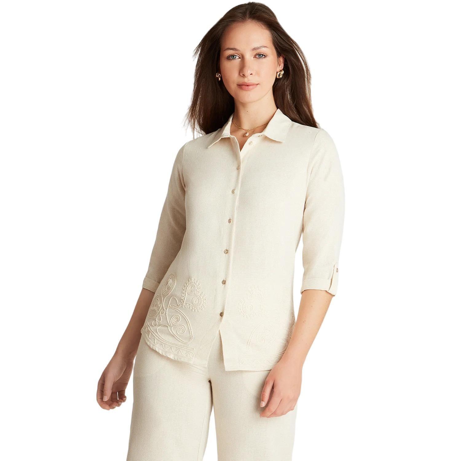 Blusa Beige Manga 3/4 Cuello Camisero-0