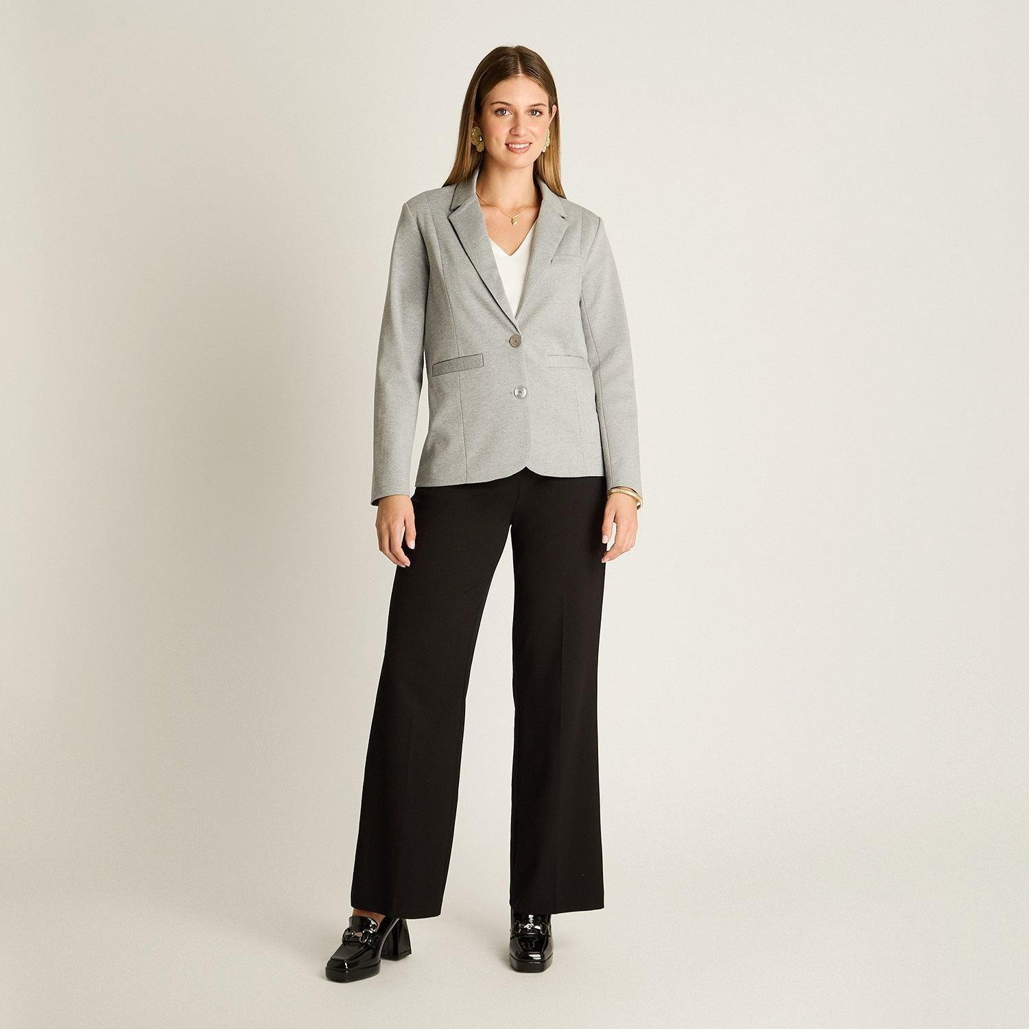 Blazer Gris Básico Punto Roma con Dos Bolsillos-2