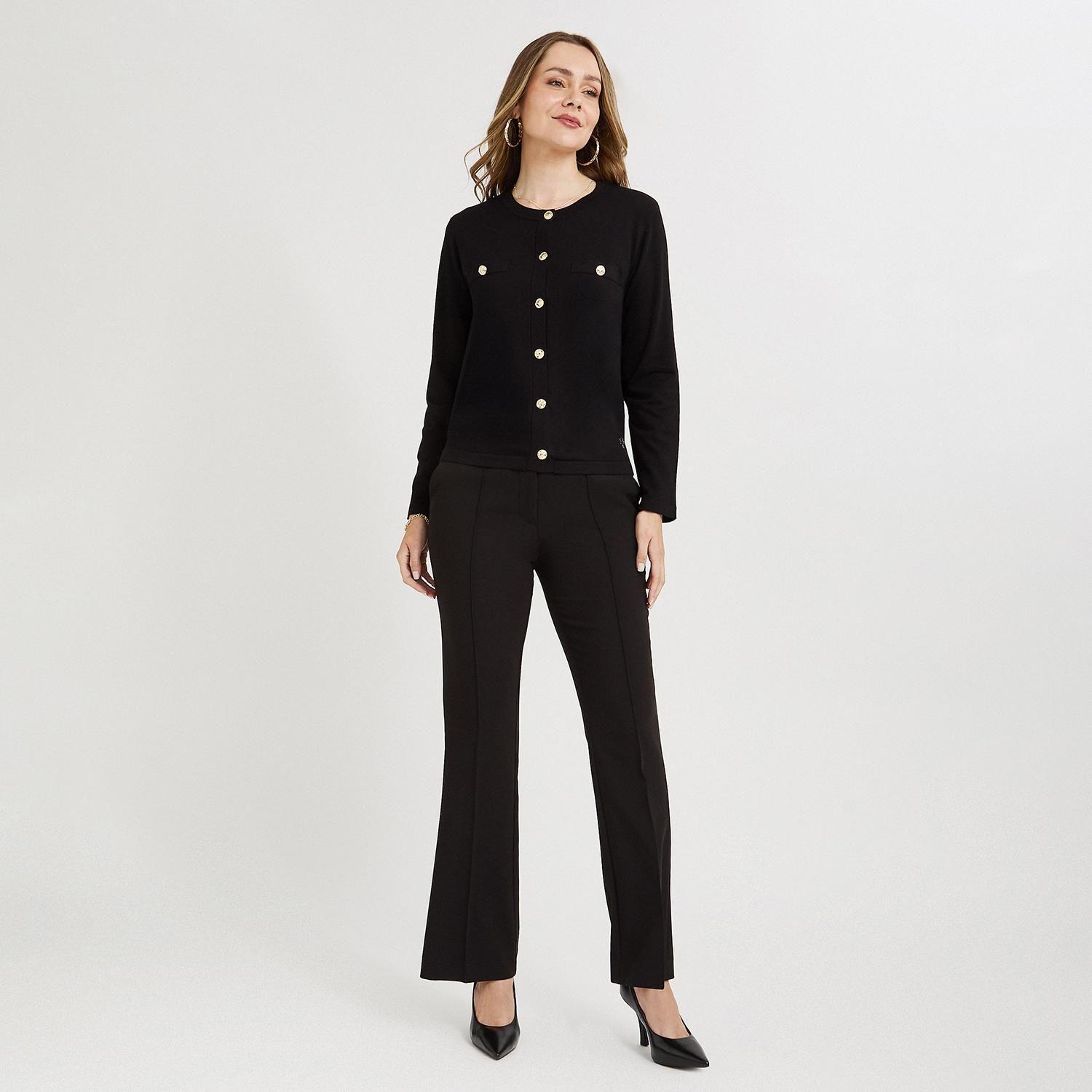 Cardigan Escote Redondo con Bolsillos Falsos Negro-3