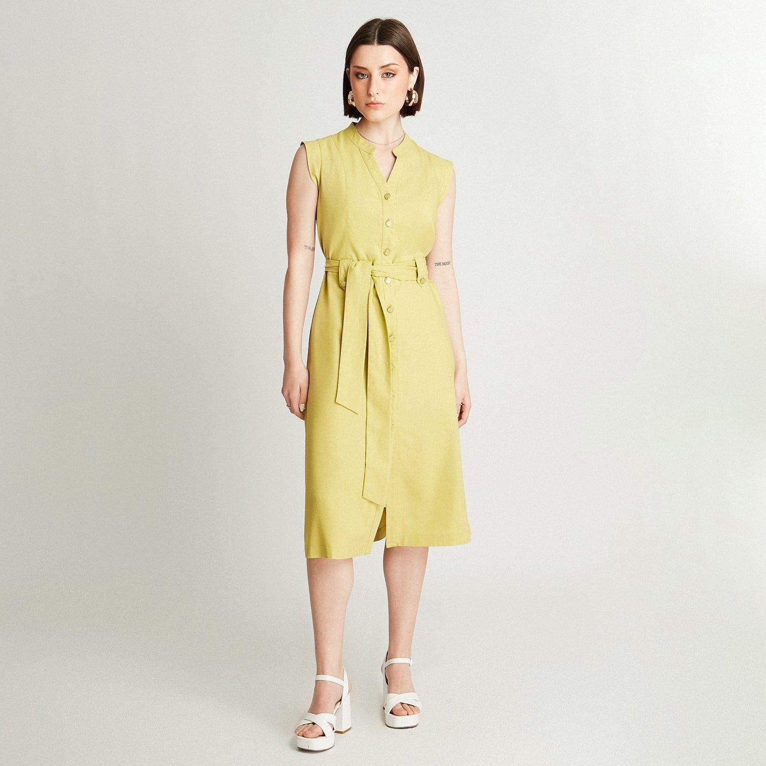 Vestido Midi De Lino Pistacho Sin Mangas Con Cinturón-3