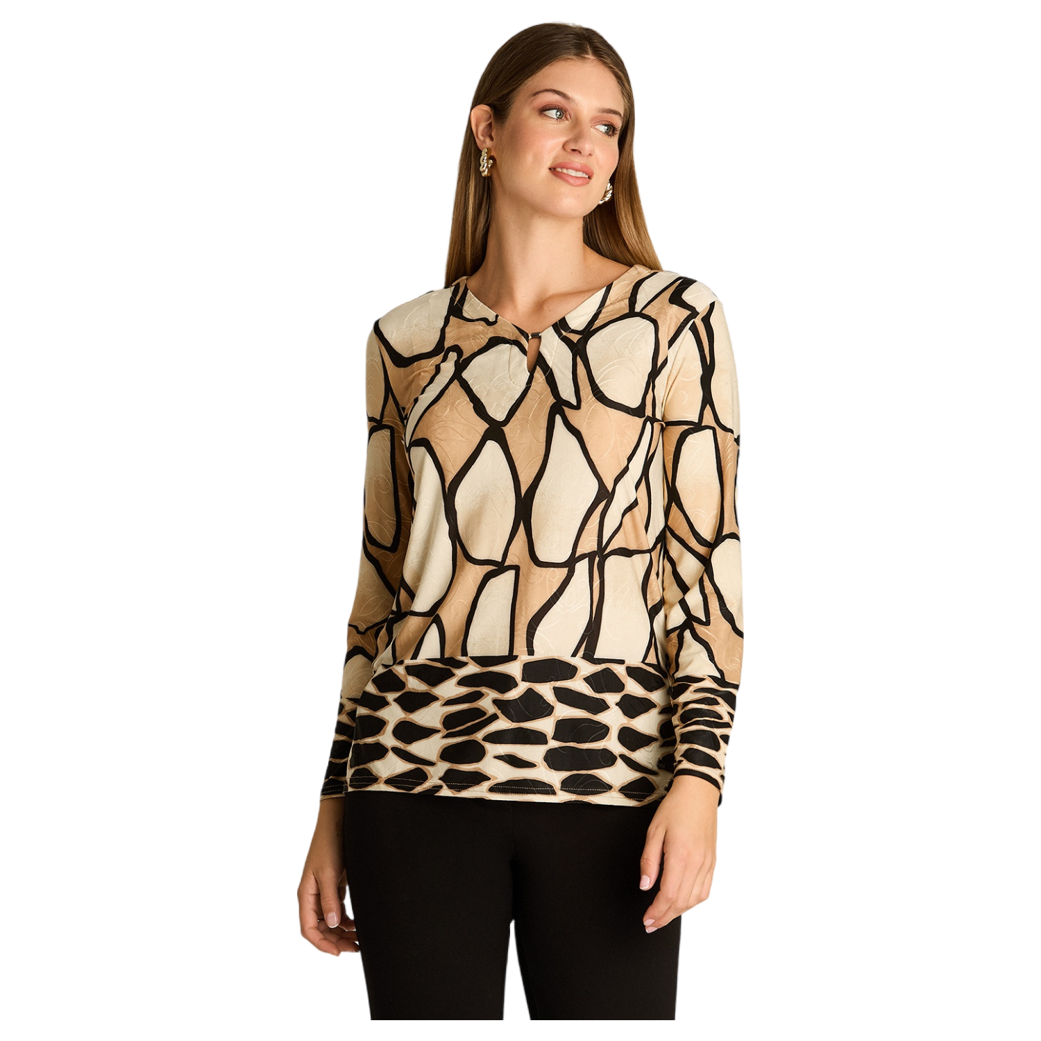 Polera Manga Larga Estampada Con Detalle en el Escote-0