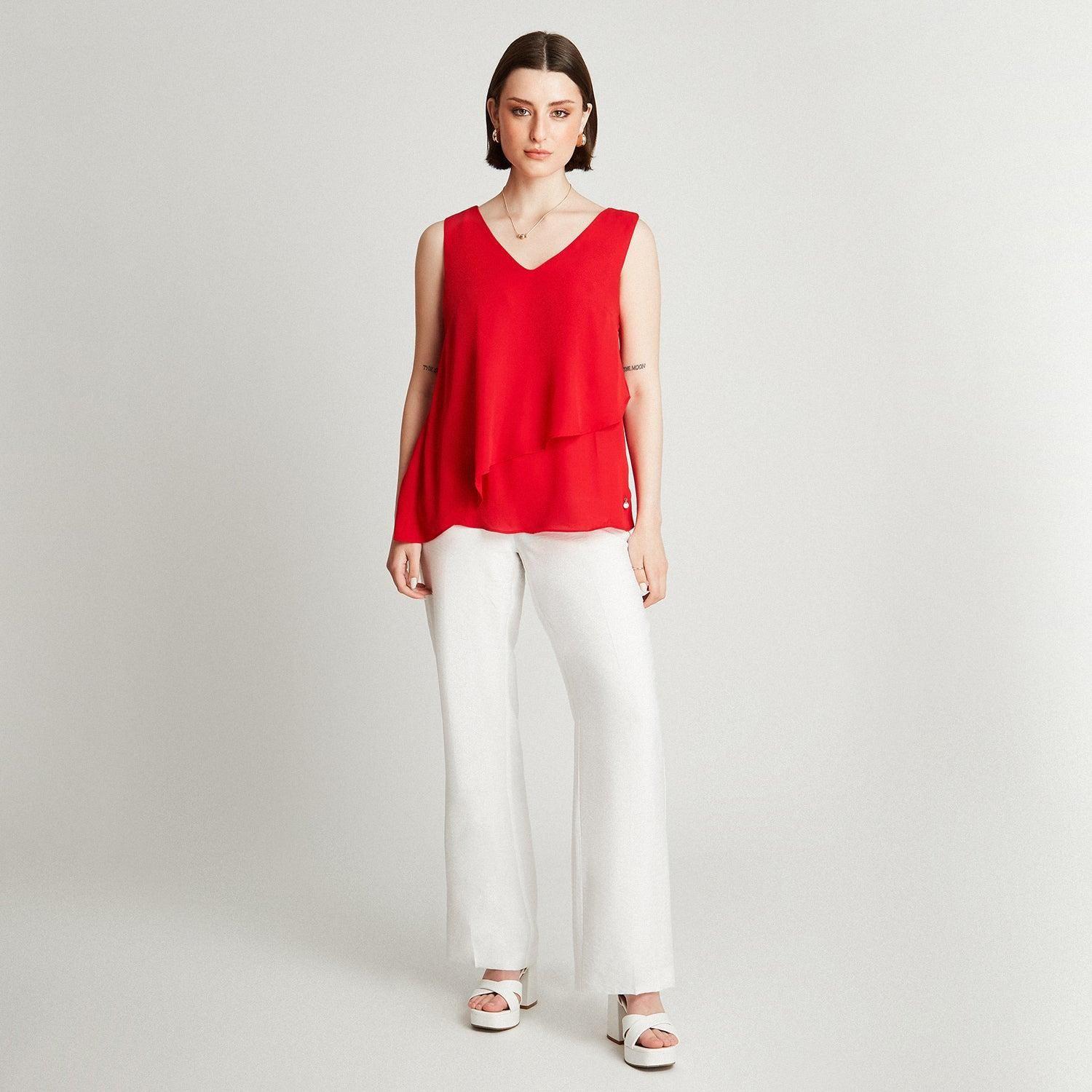Blusa Rojo Sin Manga Cuello V Capas-3