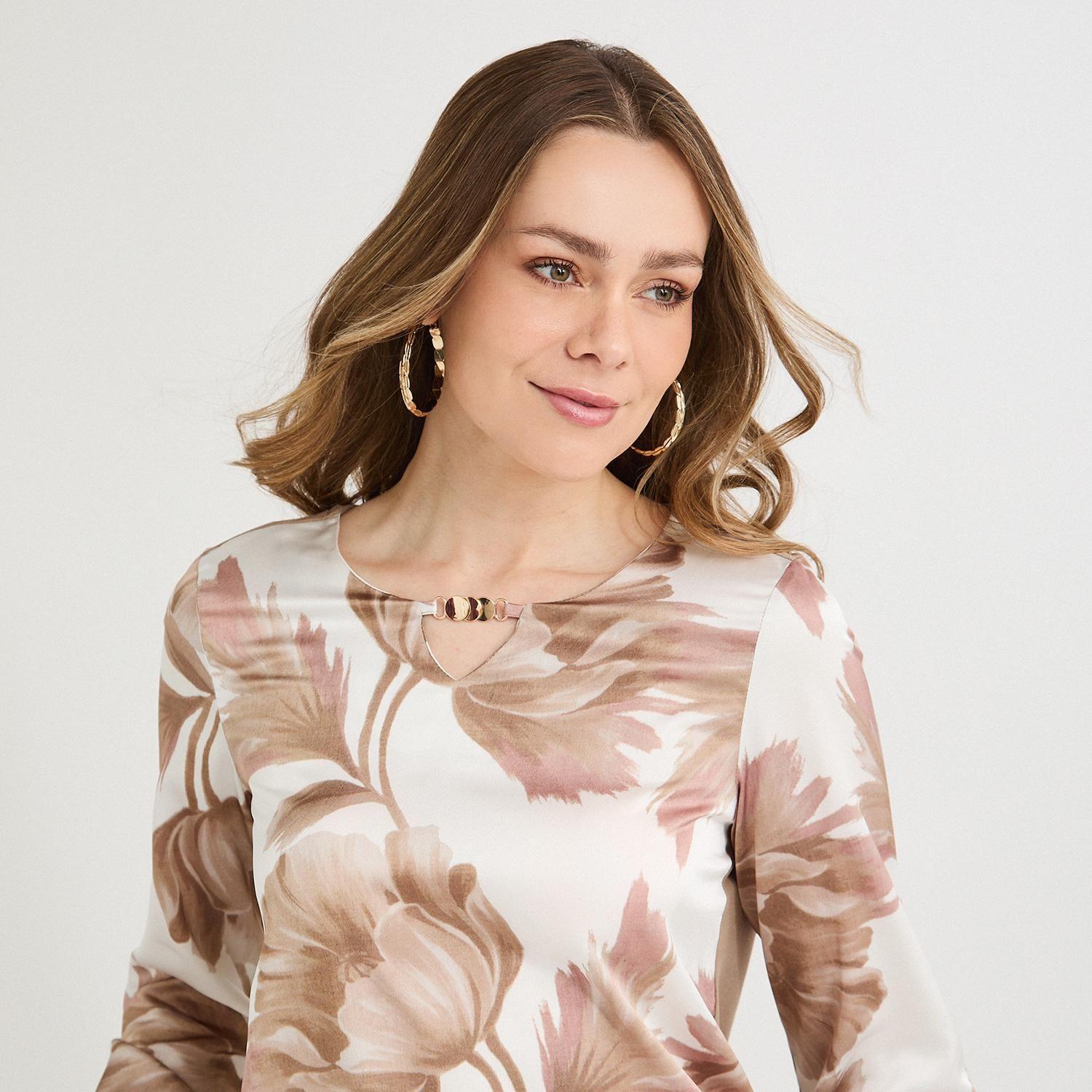 Polera Mix Fabric Print Frontal Beige-2
