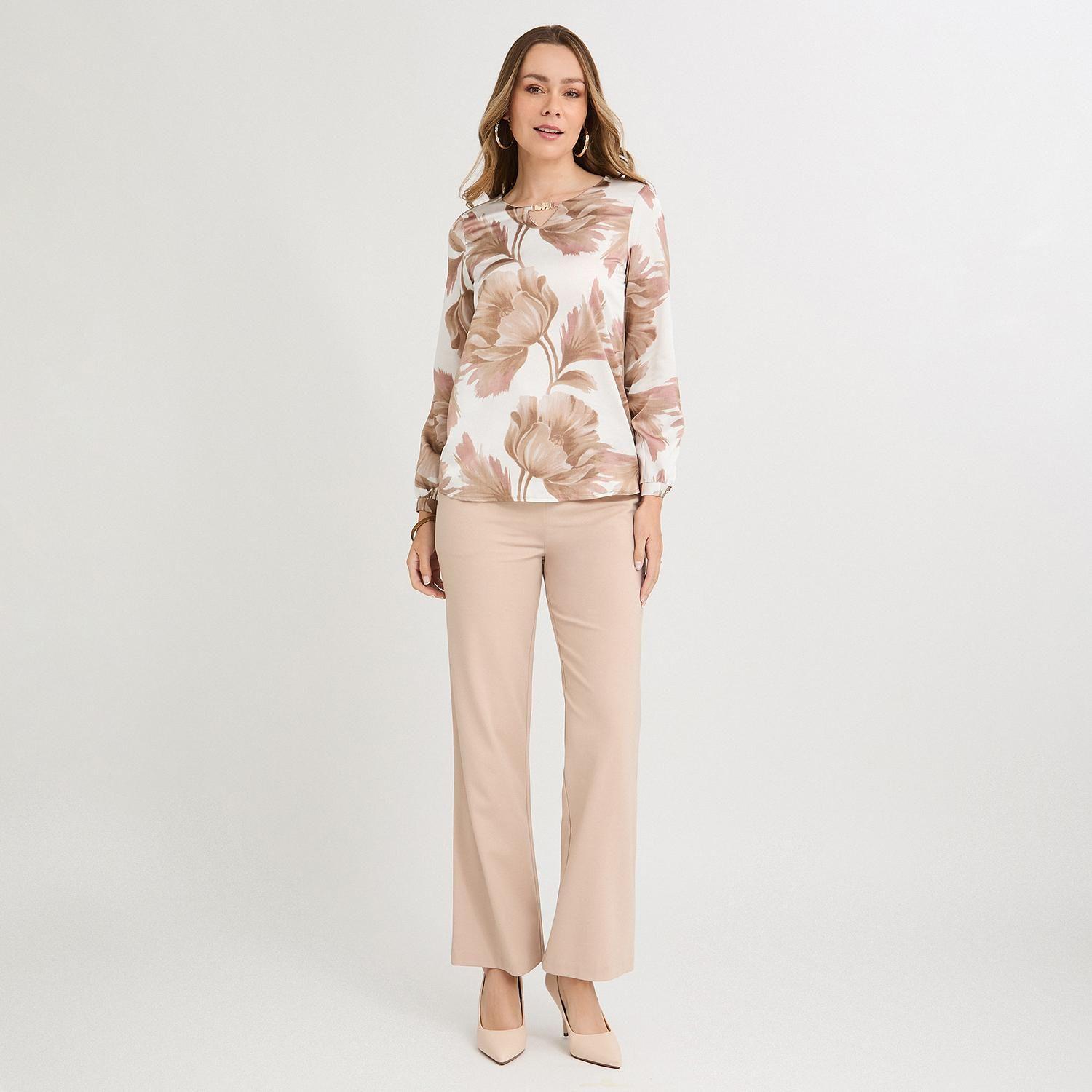 Polera Mix Fabric Print Frontal Beige-3