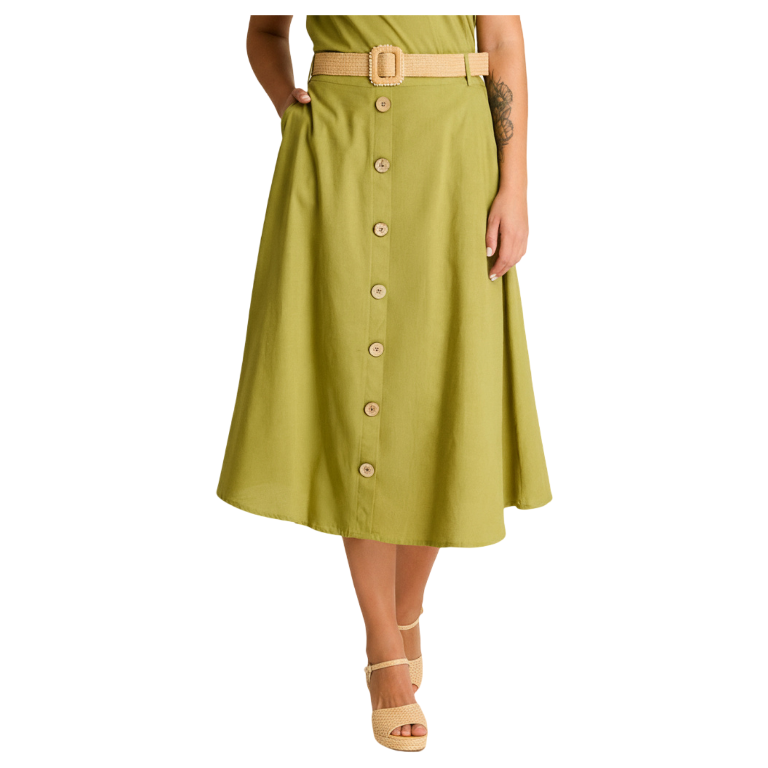 Falda Verde Midi No Elasticado Calce Normal-0