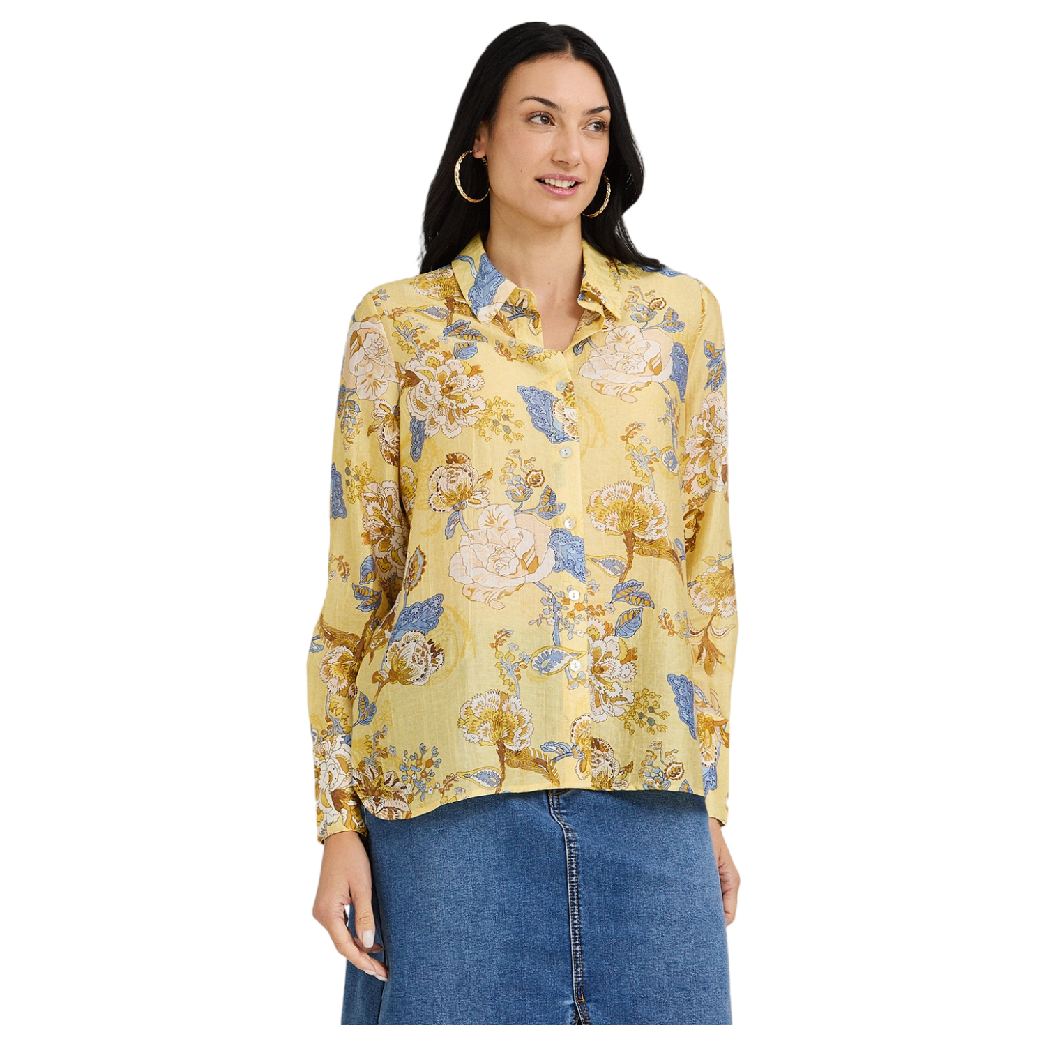 Blusa Manga Larga Estampada con Botones Mostaza-0