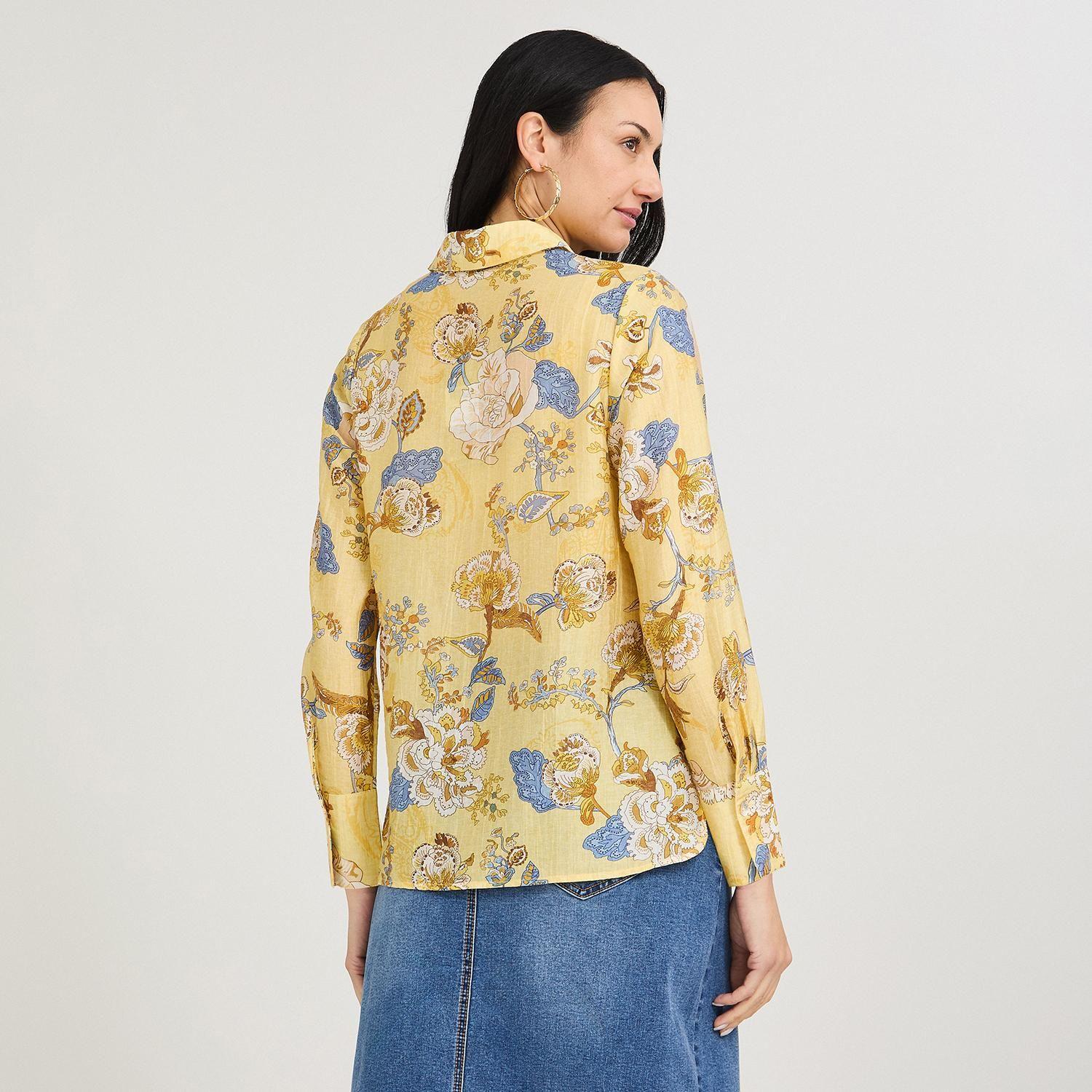 Blusa Manga Larga Estampada con Botones Mostaza-1