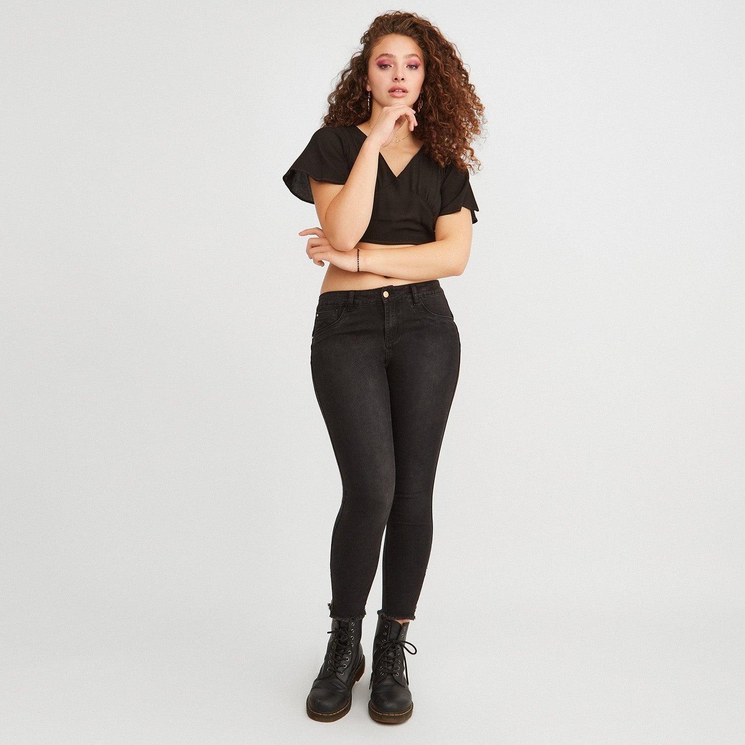 Jeans skinny negro con cierre en basta | Acuarela-3