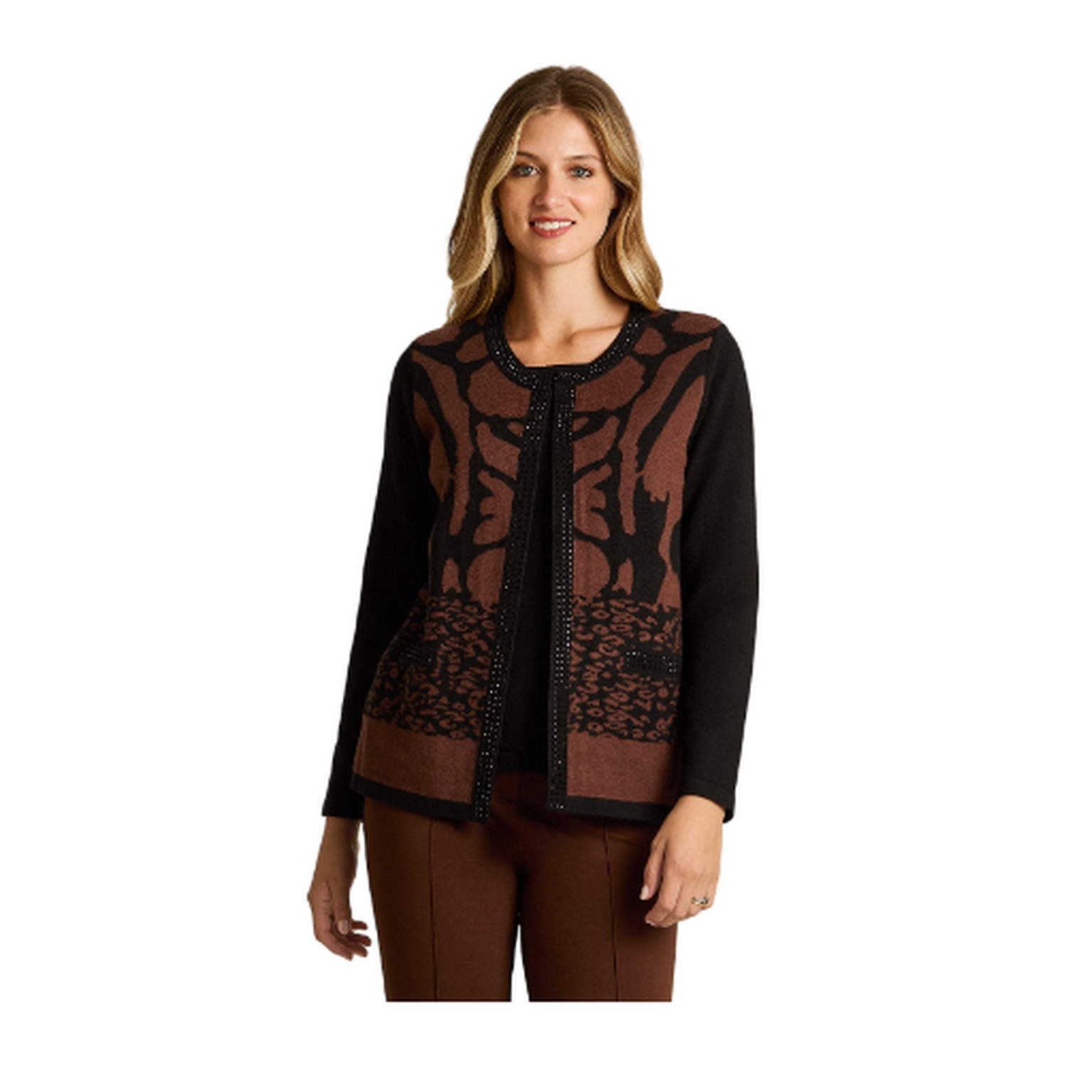 Sweater Cafe Manga Larga Elasticidad Media Sin Forro Calce Normal Tela Tejido-0