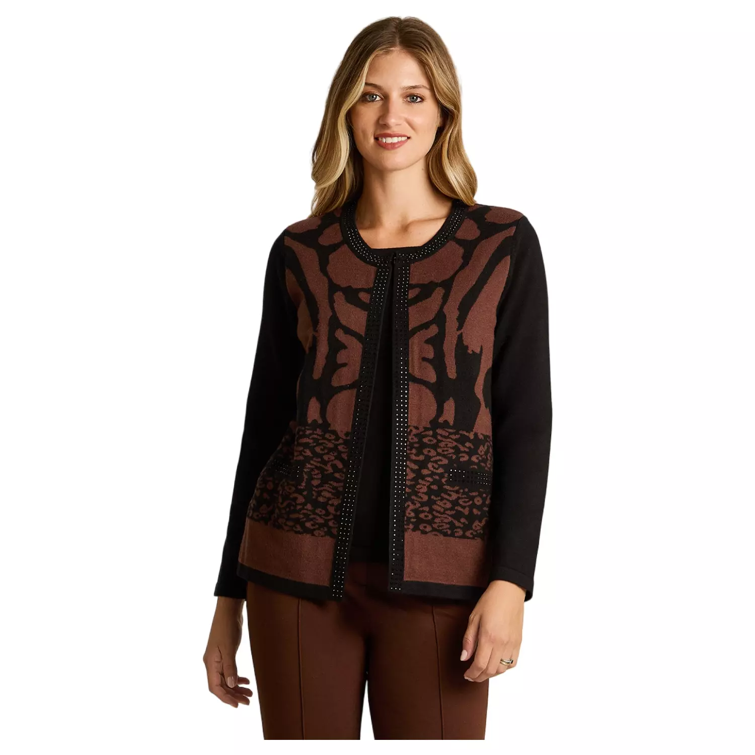 Sweater Café Twin Set con Estampado Animal Print y Aplicación de Strass-0