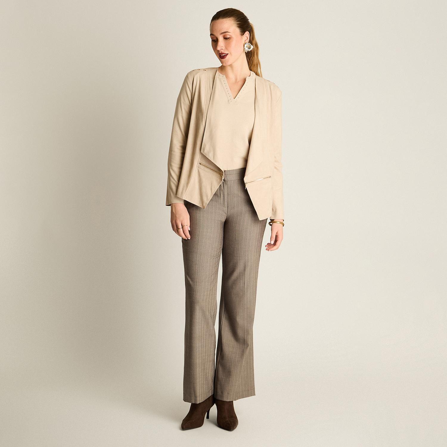 Chaqueta Suede Mujer Asimétrica Beige Manga Larga-3