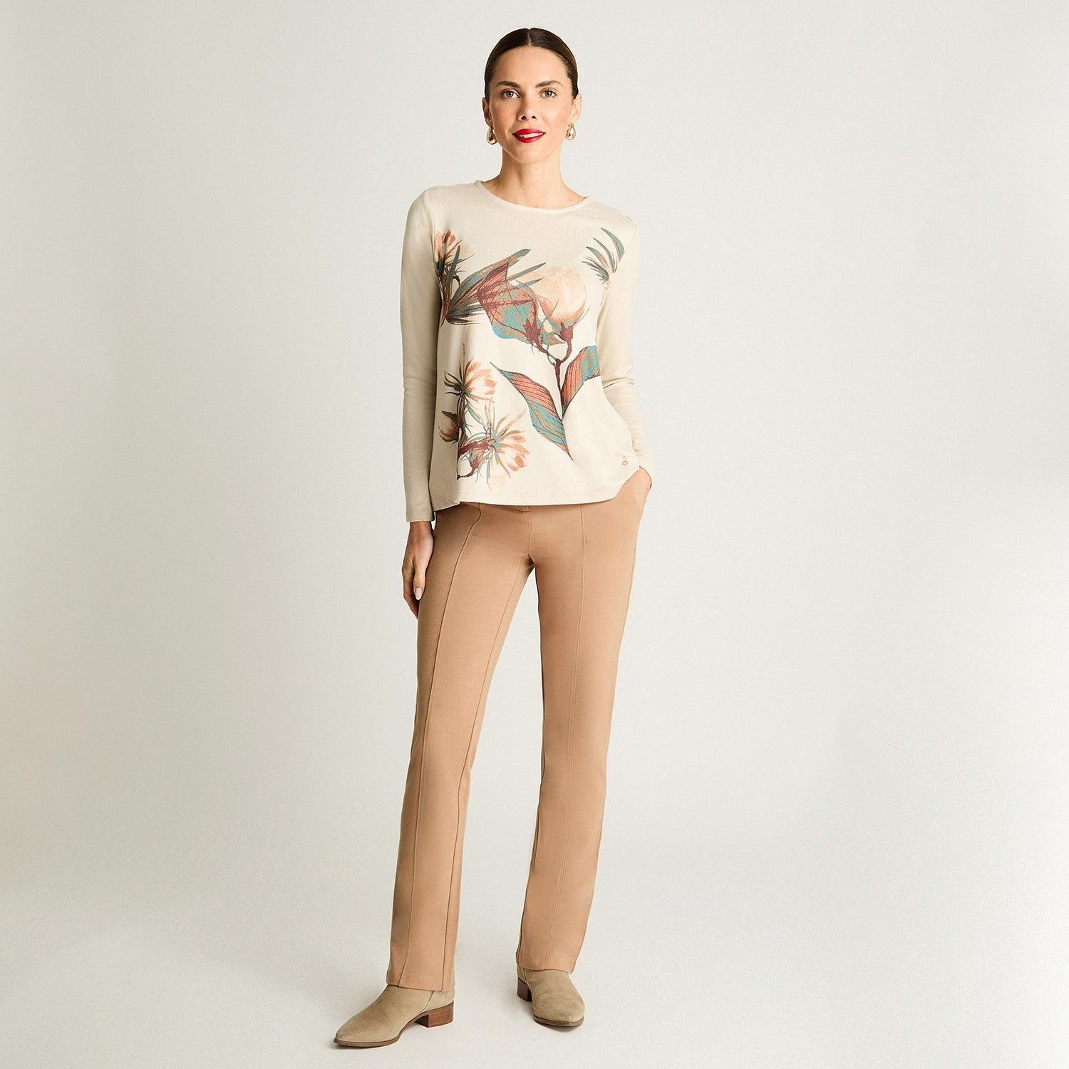 Polera Manga Larga De Lanilla Escote Redondo Estampada Beige-3