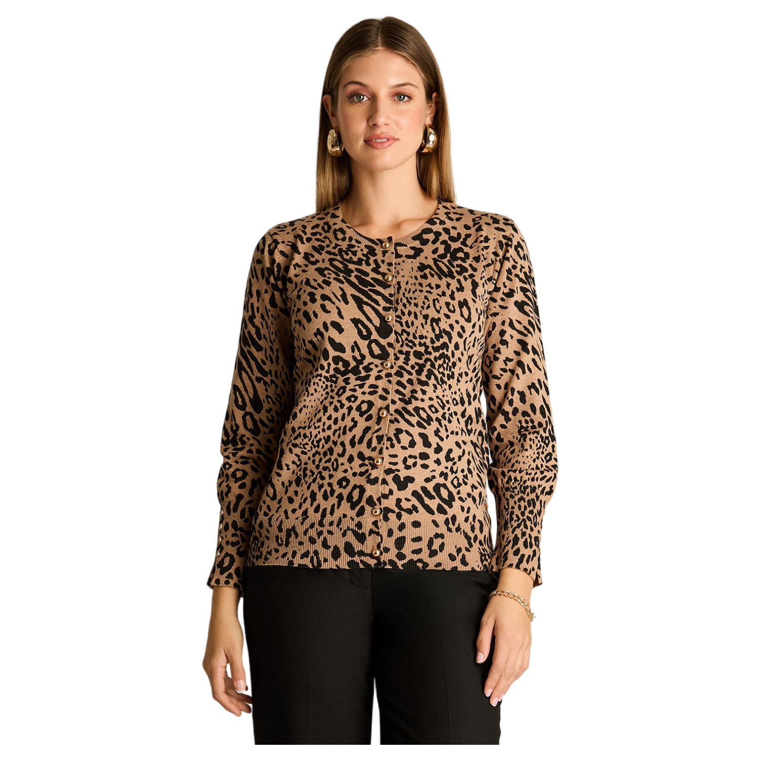 Cardigan Camel Animal Print Cuello Redondo con Botones-0