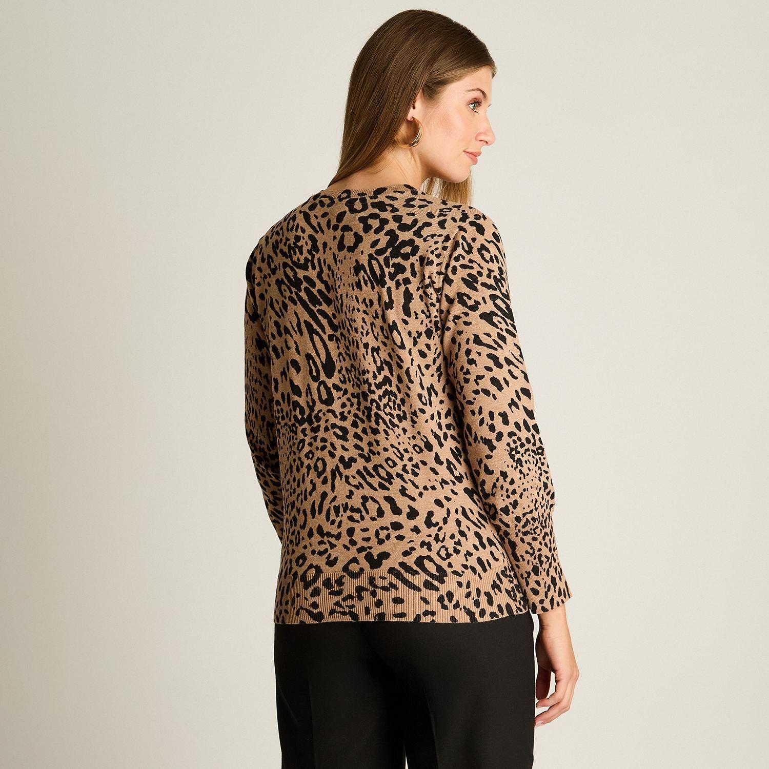 Cardigan Camel Animal Print Cuello Redondo con Botones-1