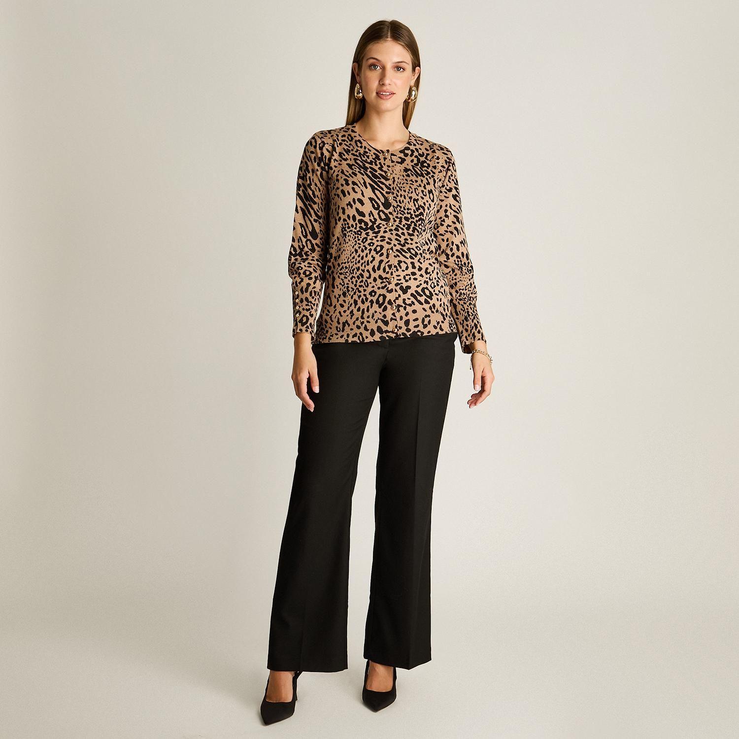 Cardigan Camel Animal Print Cuello Redondo con Botones-3