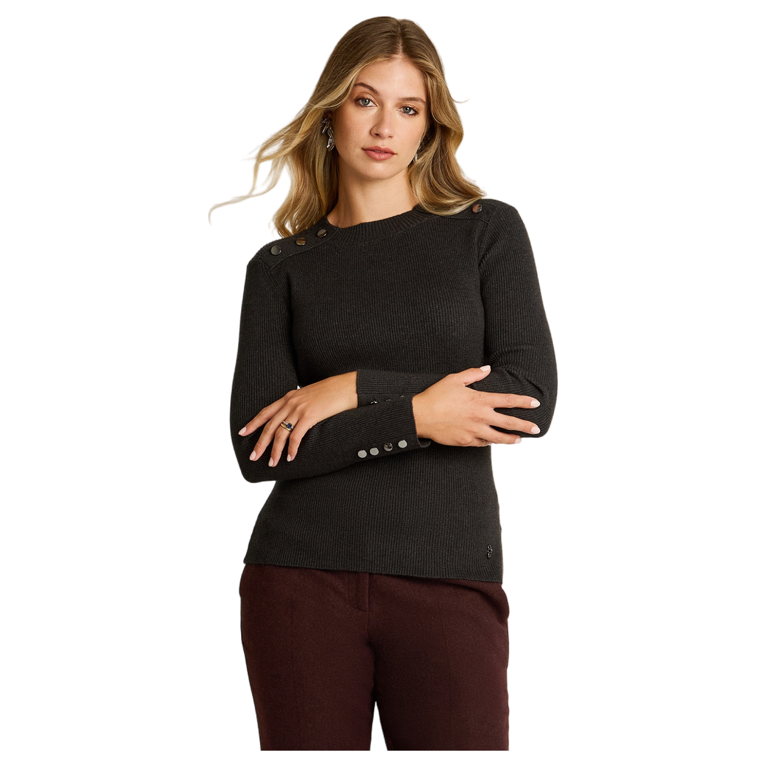 Sweater Marengo Con Cuello Mock Y Botones En Hombro Y Puño-0