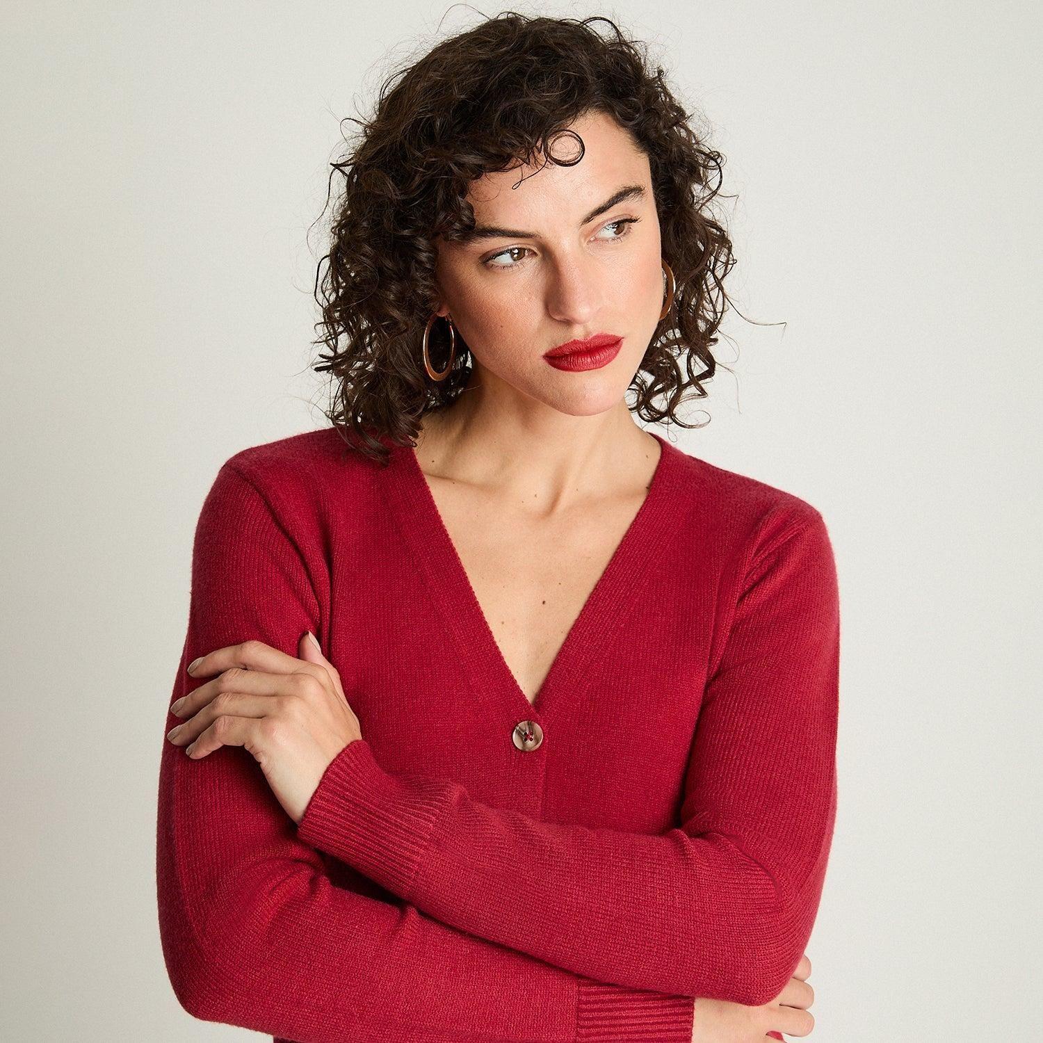 Cardigan Manga Larga Cuello V Básico Rojo-2