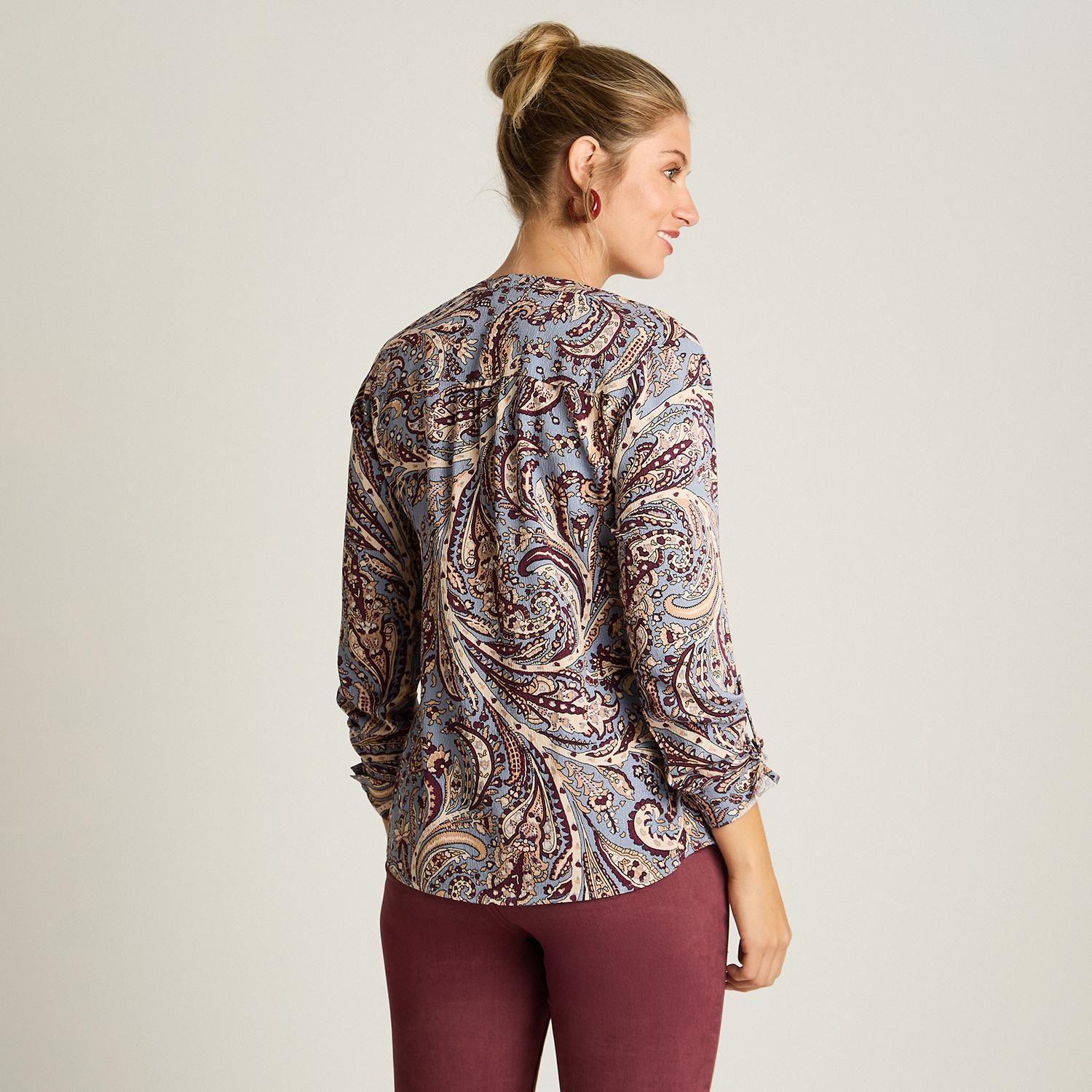 Blusa Azul con Estampado Floral y Manga Roll Up-1