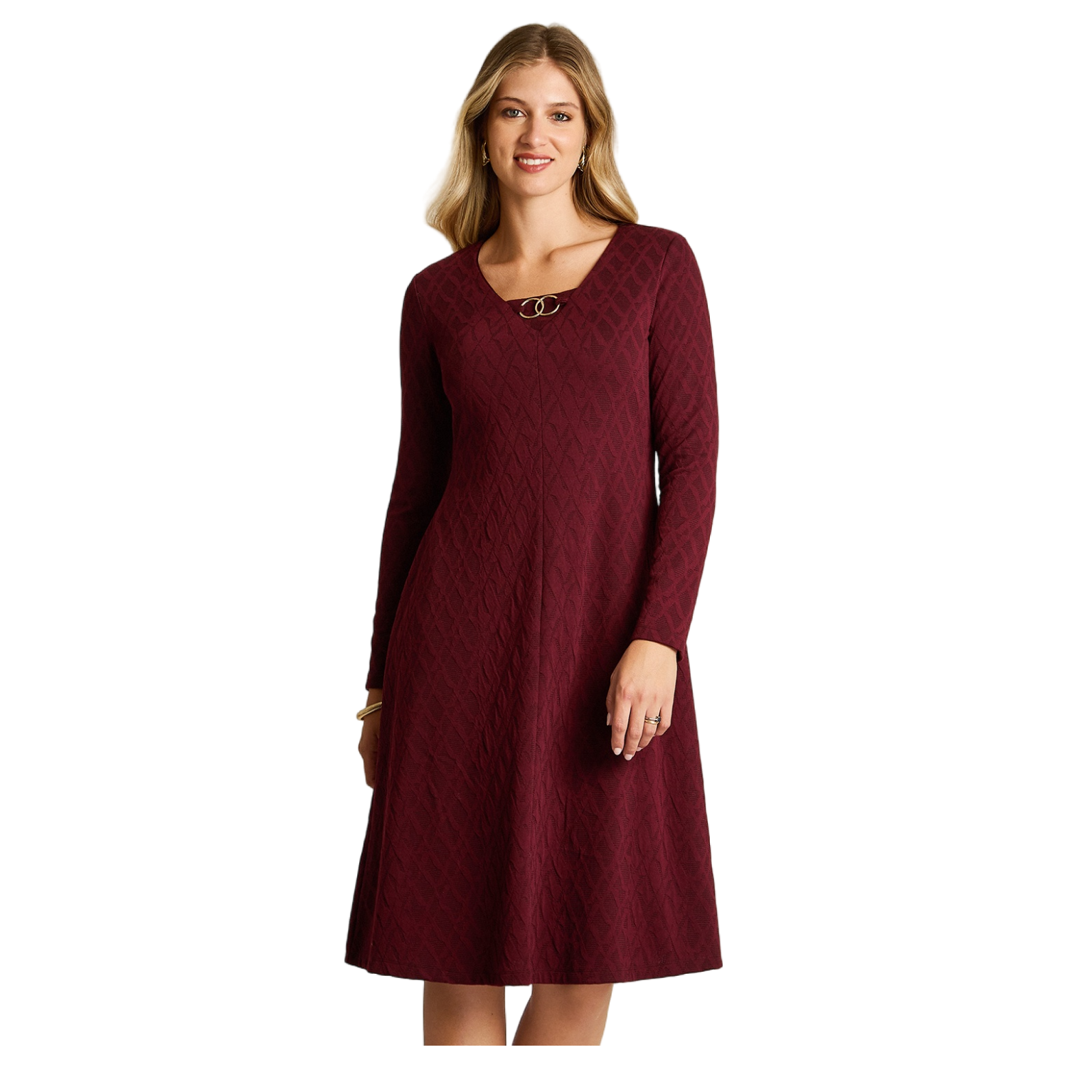 Vestido Midi Burdeo en Lanilla con Escote en V y Detalle Dorado-0