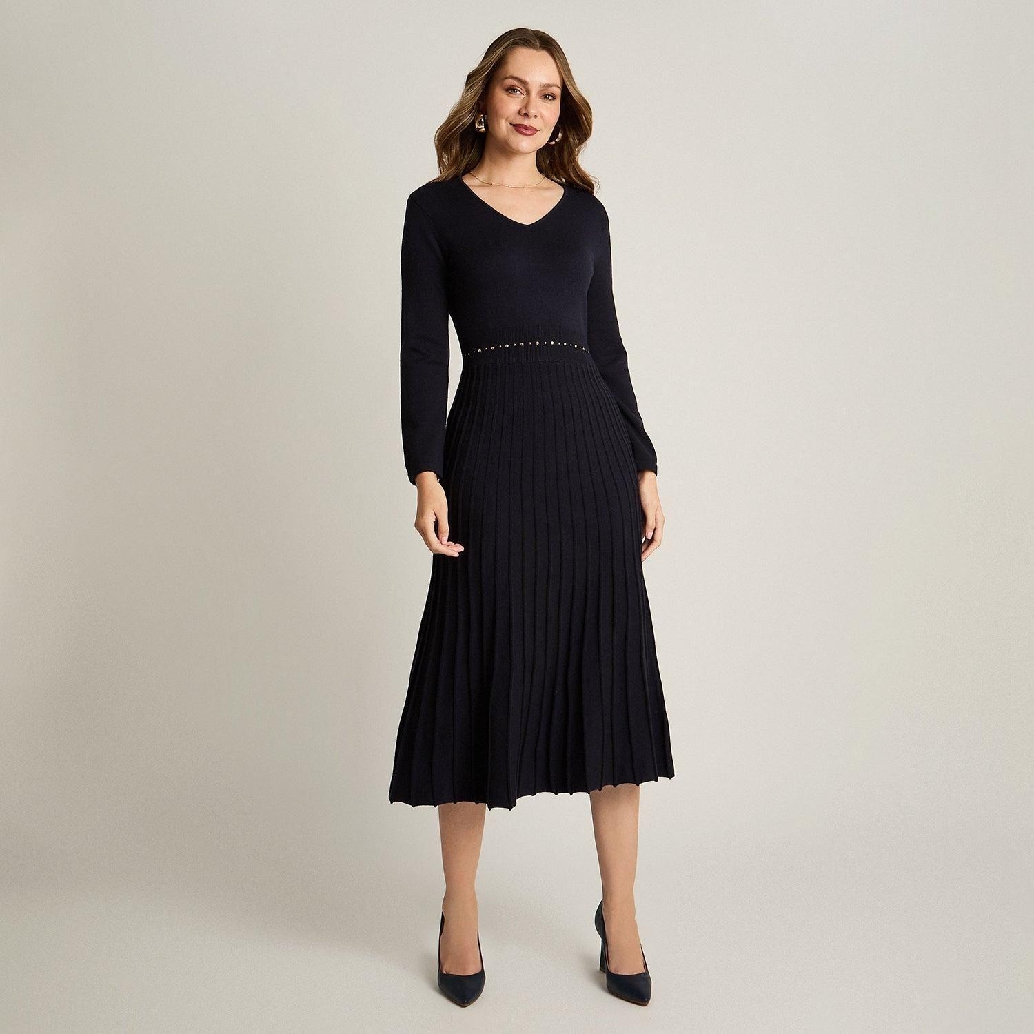 Vestido Midi Azul Midi Elasticidad Nula Sin Forro Calce Normal Tela Tejido-3