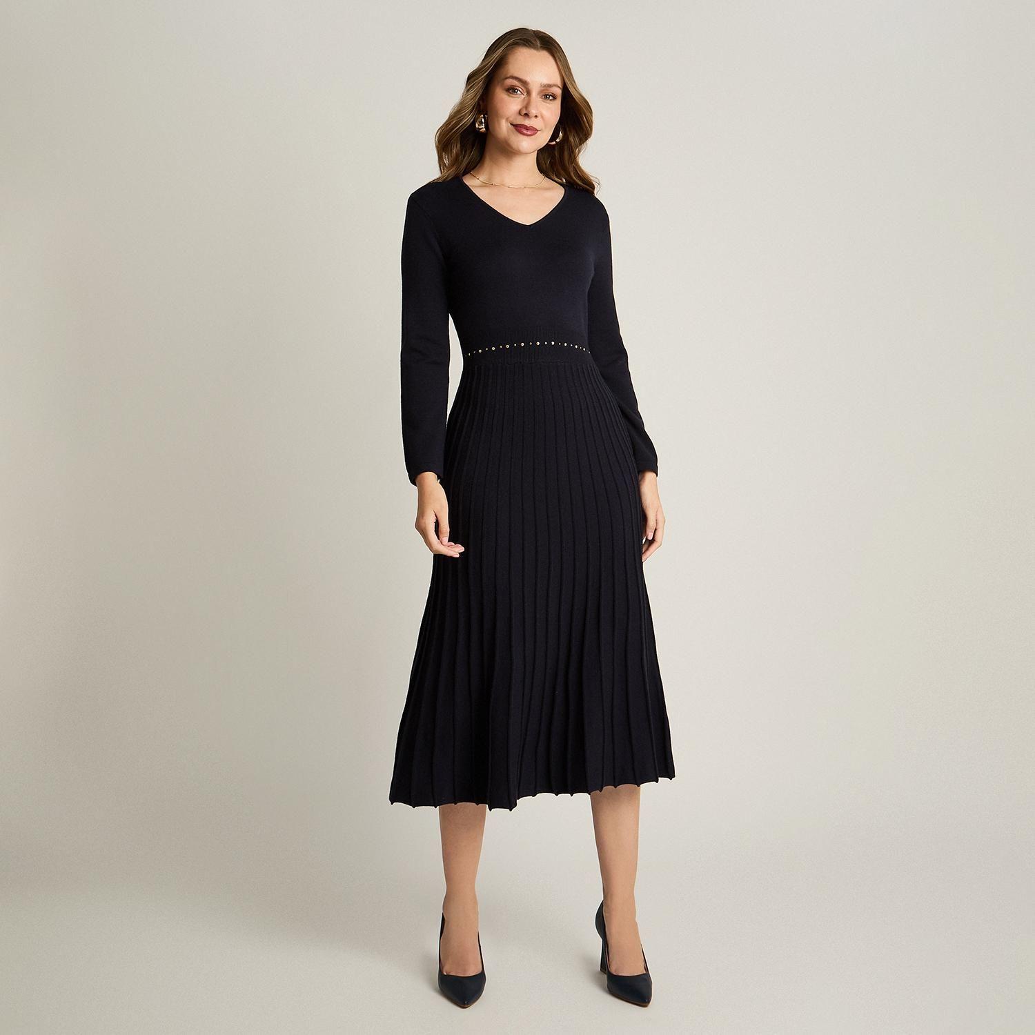 Vestido Tejido Azul Marino Midi Con Falda Plisada Y Tachas-3