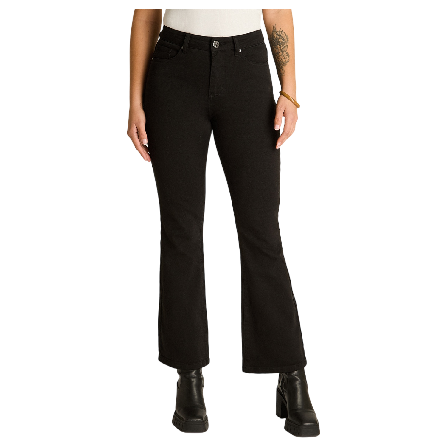 Jeans Negro Mini Flare de Tiro Medio con Cinco Bolsillos-0