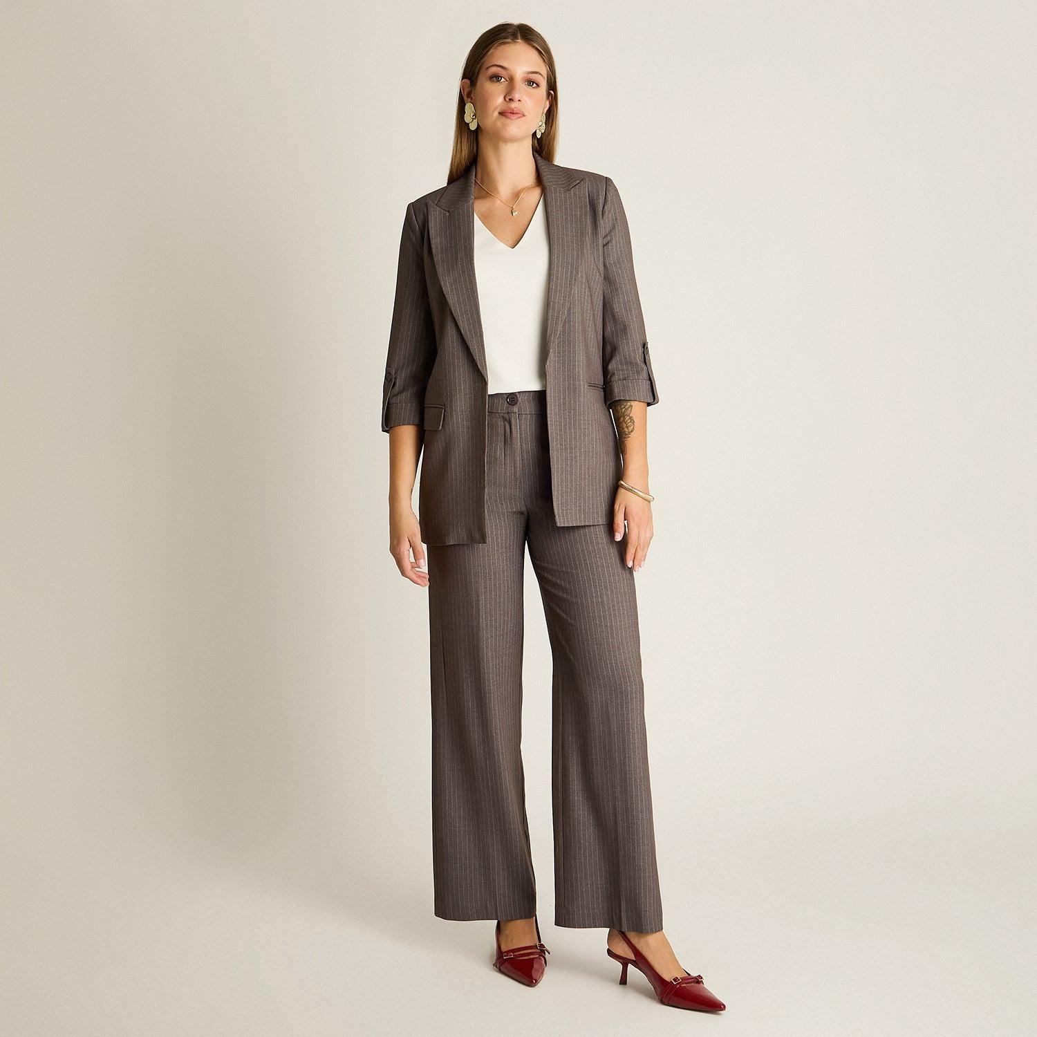 Blazer Gris Manga 3/4 Elasticidad Nula Con Forro Calce Normal Tela Plano-3