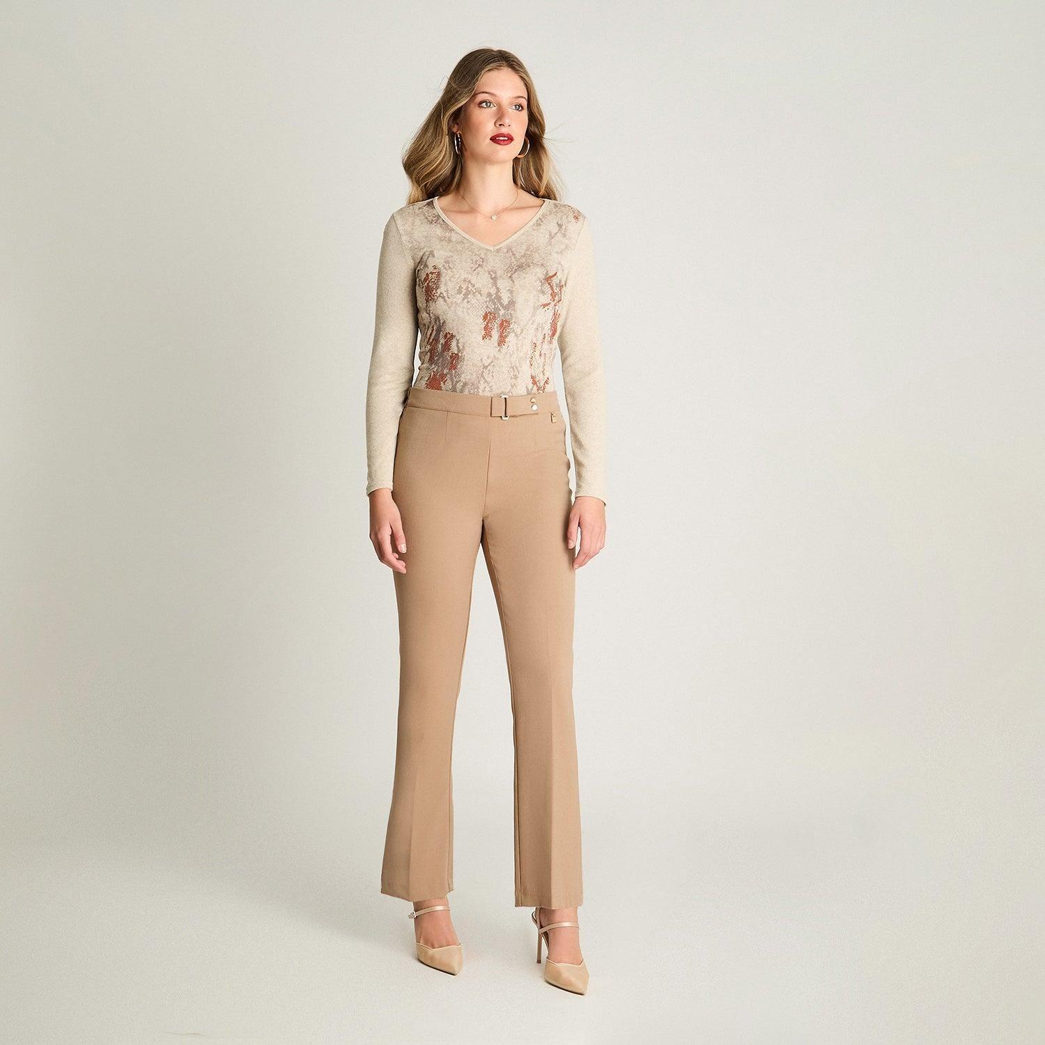 Pantalón Recto Con Pretina Trasera Elasticada Camel-3