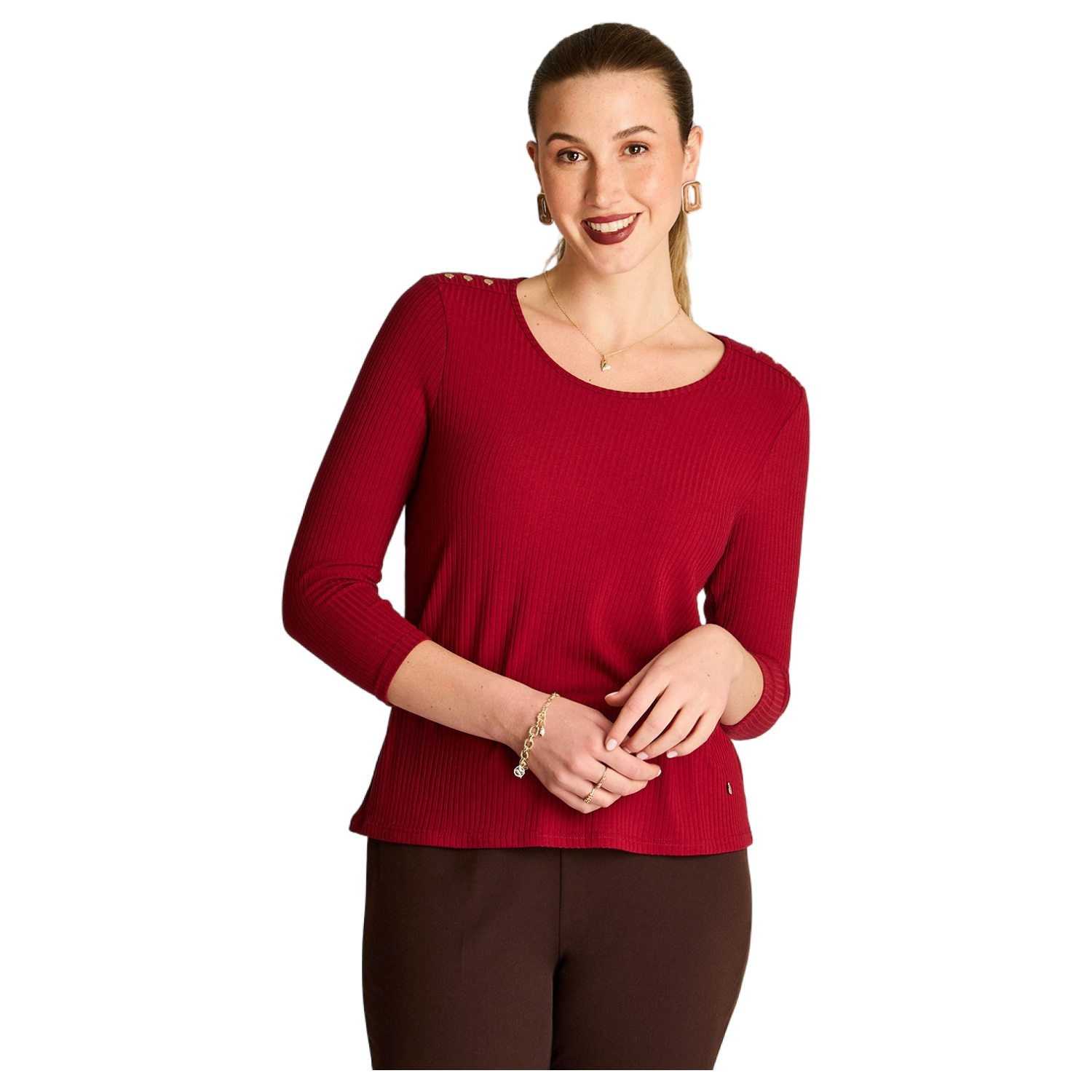 Polera Rib Rojo Manga 3/4 con Aplicación en Hombros-0