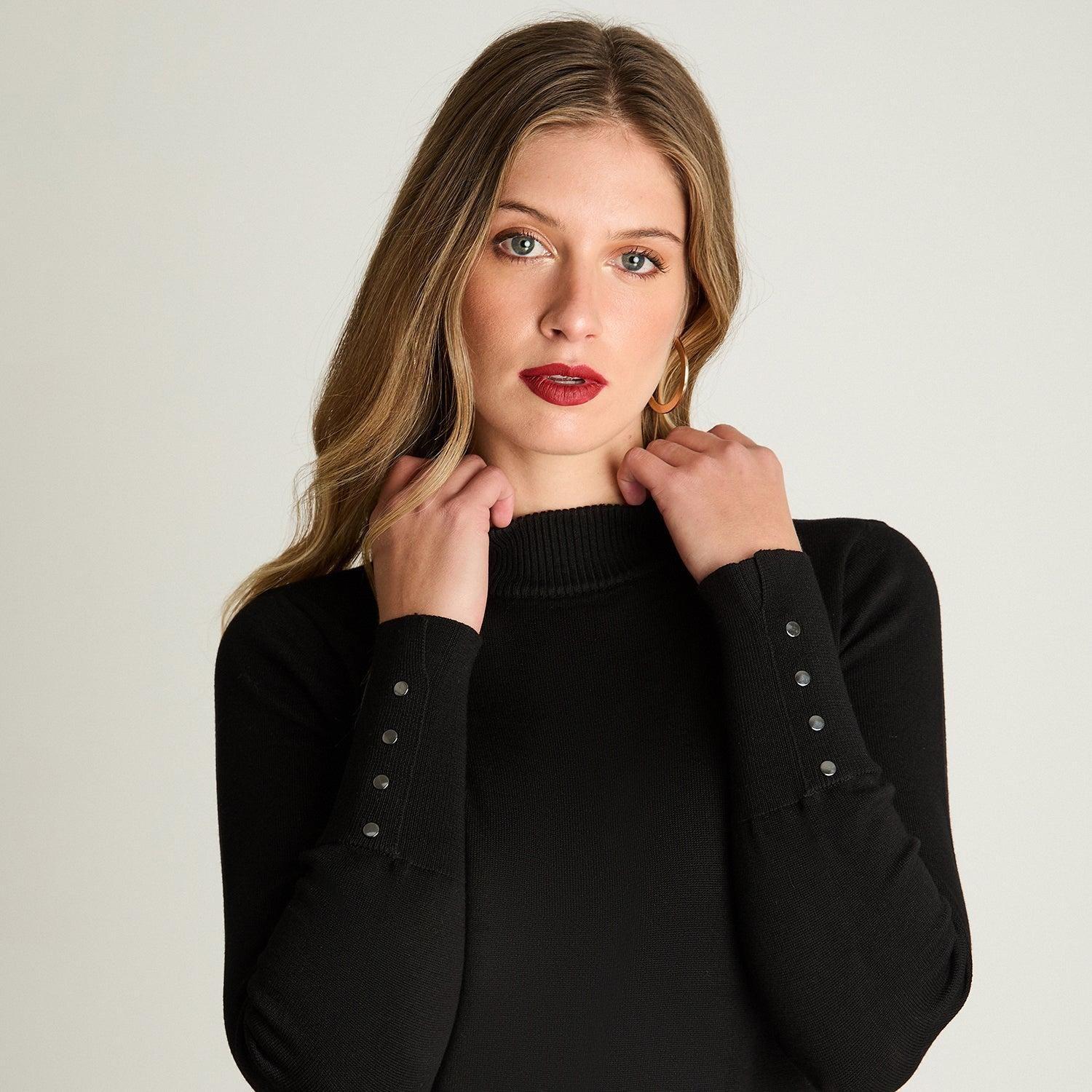 Sweater Manga Larga Cuello Mock Negro-2