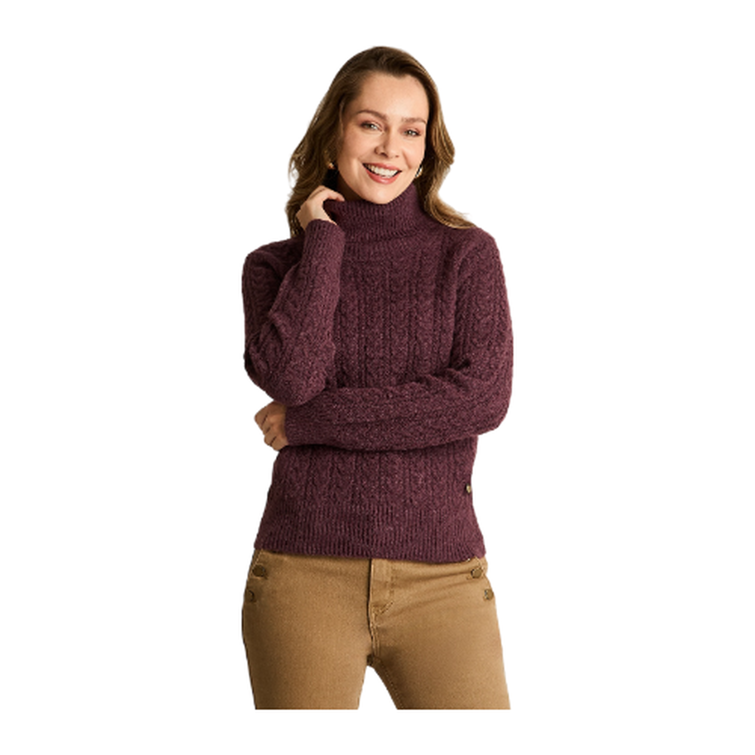 Sweater Burdeo con Cuello Alto y Trenzado Jaspeado en Tejido-0