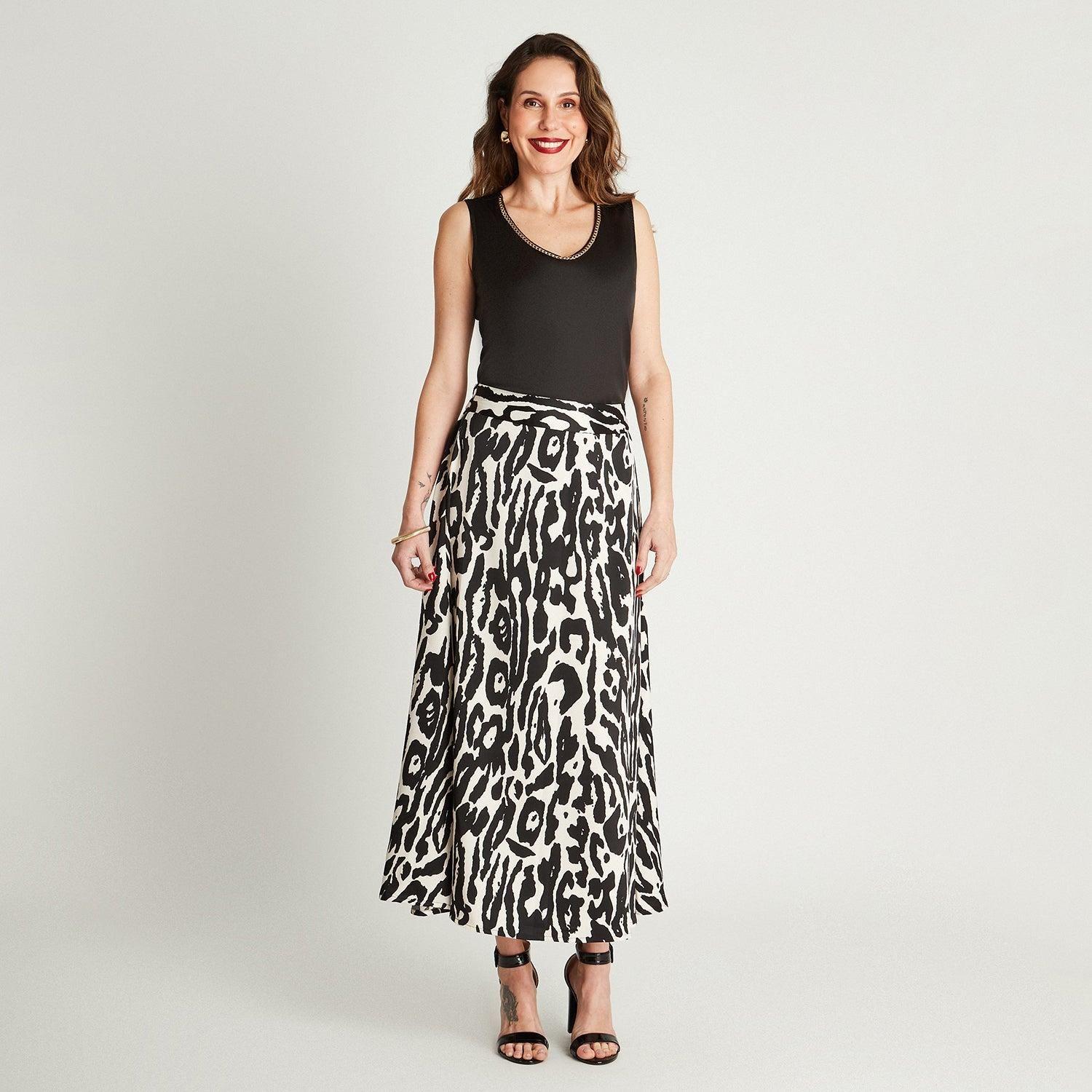 Falda Negro Largas Estampado Acampanada-3