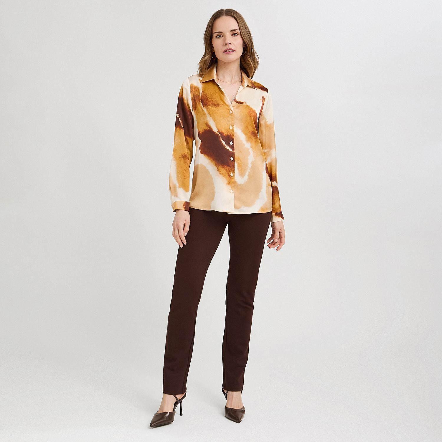 Blusa Manga Larga de Satin con Botones Estampada Terracota-3