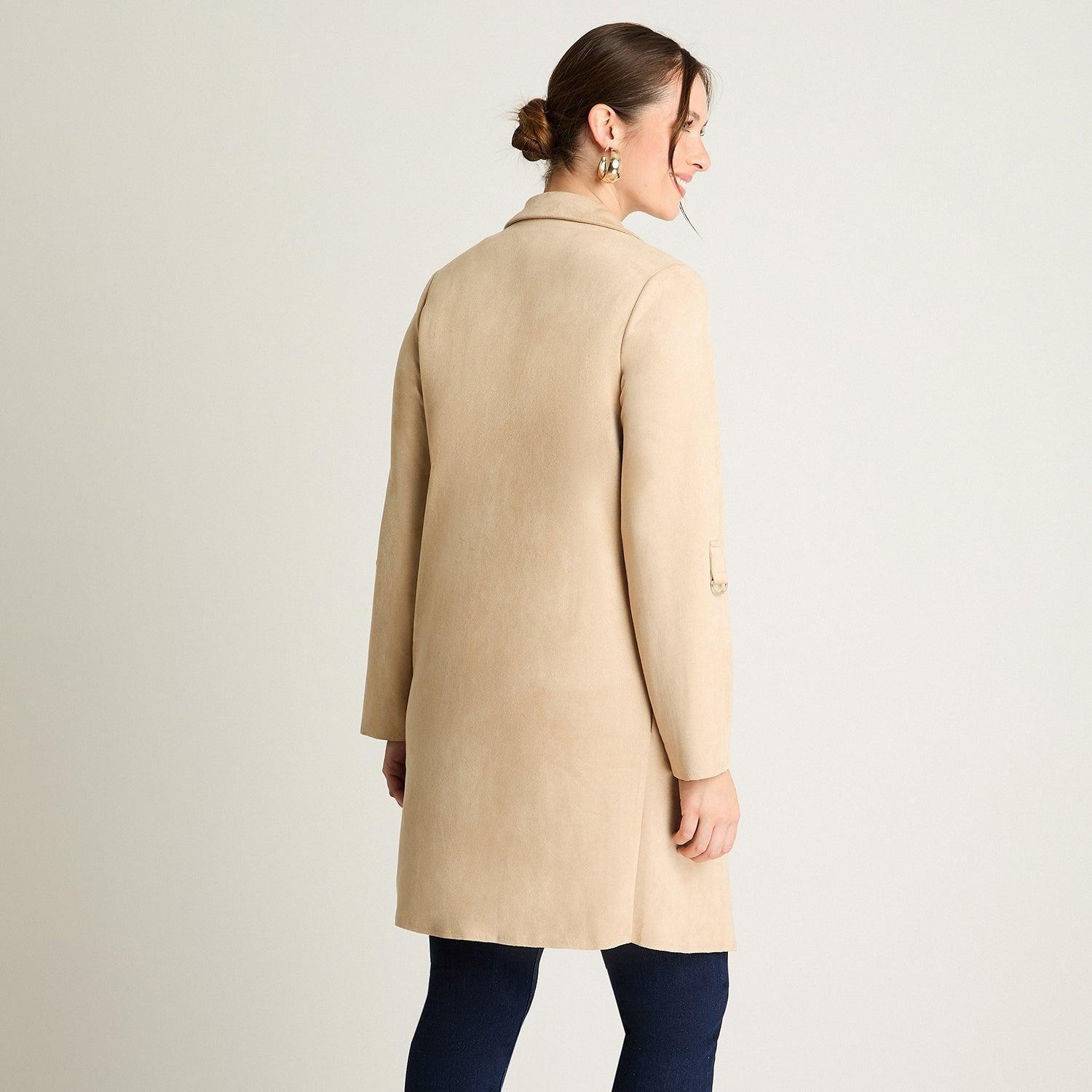 Chaqueta Manga Larga Tipo Tapado De Suede Manga Roll Up Beige-1