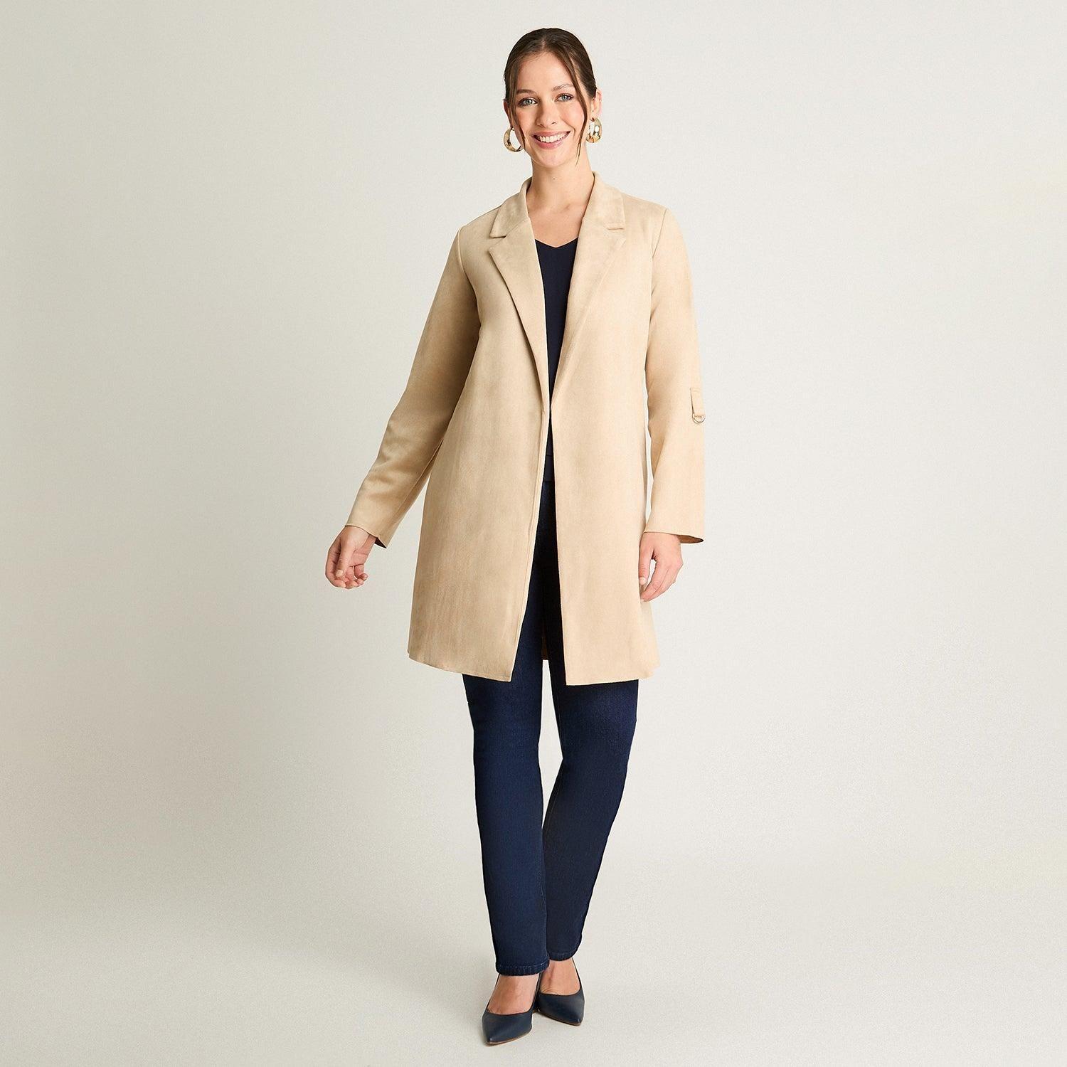Chaqueta Manga Larga Tipo Tapado De Suede Manga Roll Up Beige-3
