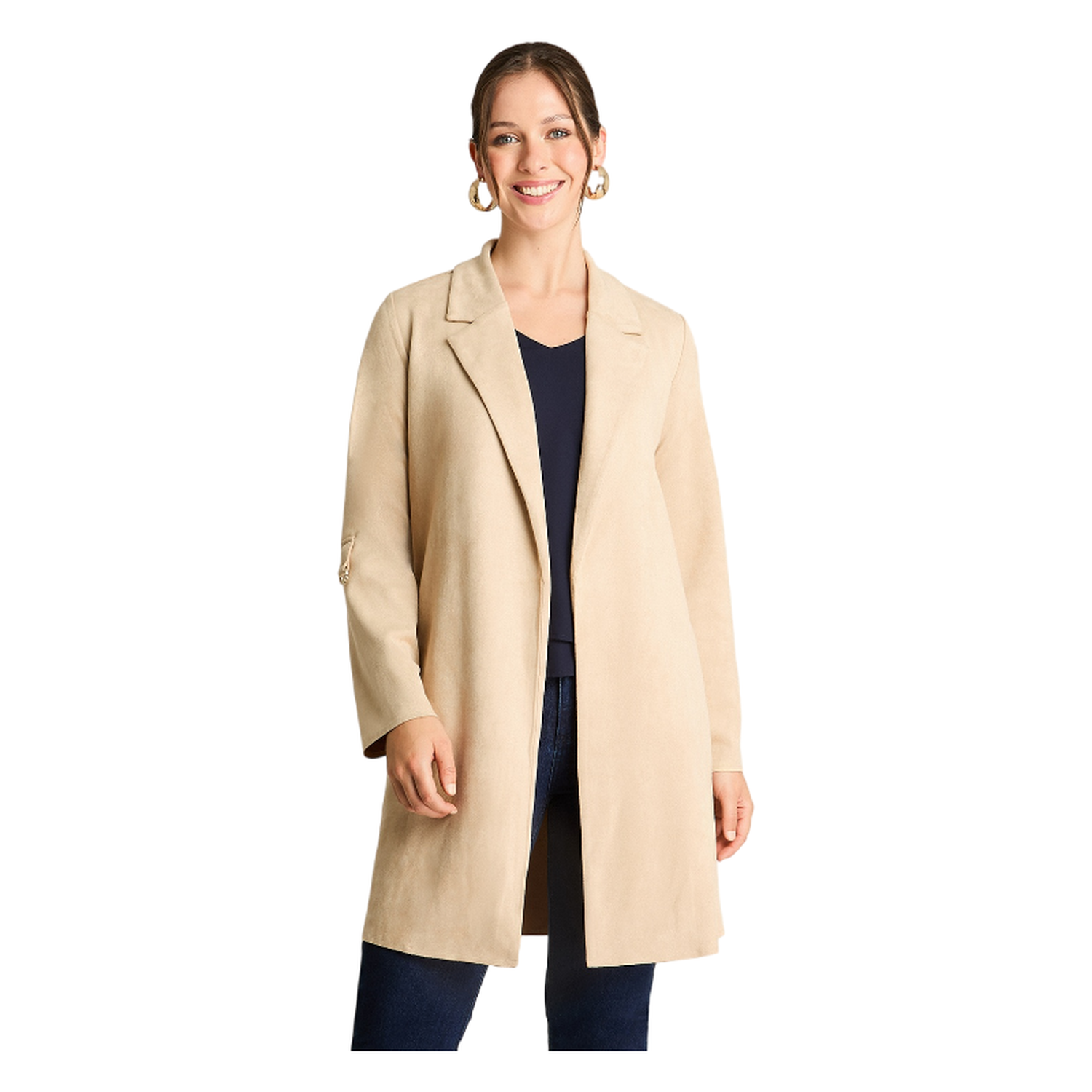 Chaqueta Manga Larga Tipo Tapado De Suede Manga Roll Up Beige-0