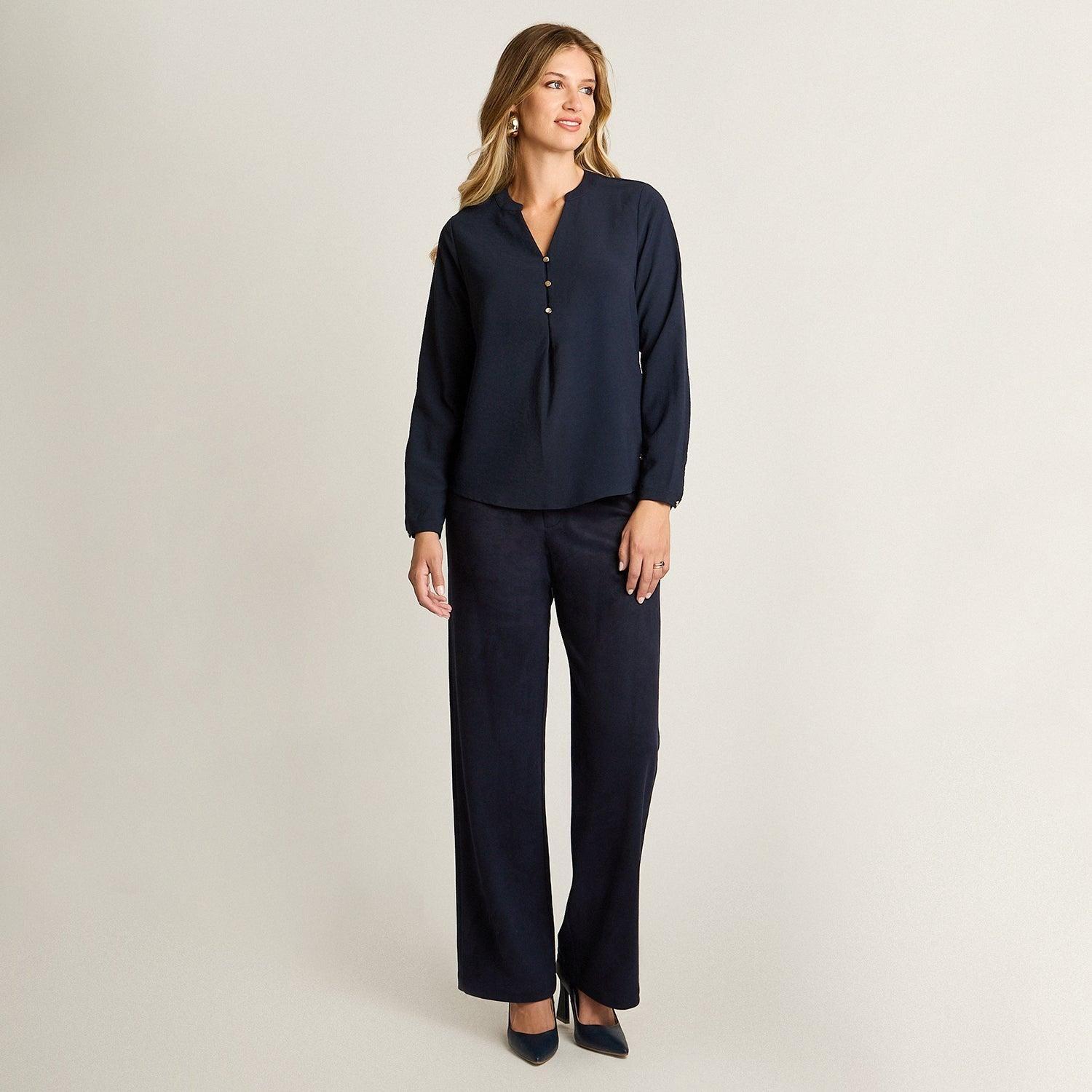 Blusa Azul Lisa Cuello Mao con Botones-3