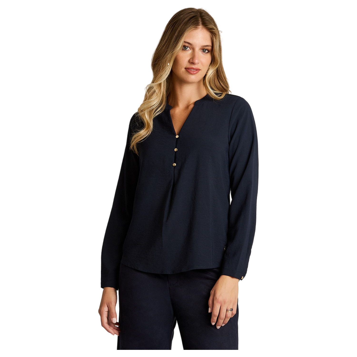 Blusa Azul Lisa Cuello Mao con Botones-0