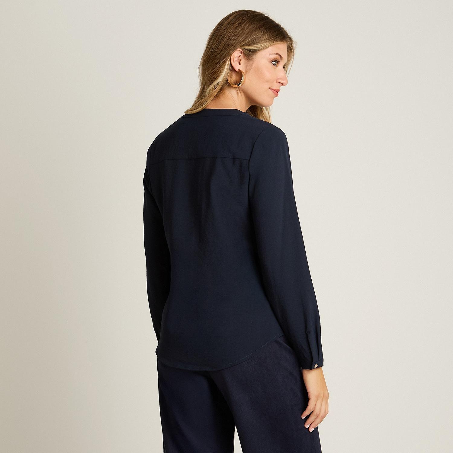 Blusa Azul Lisa Cuello Mao con Botones-1