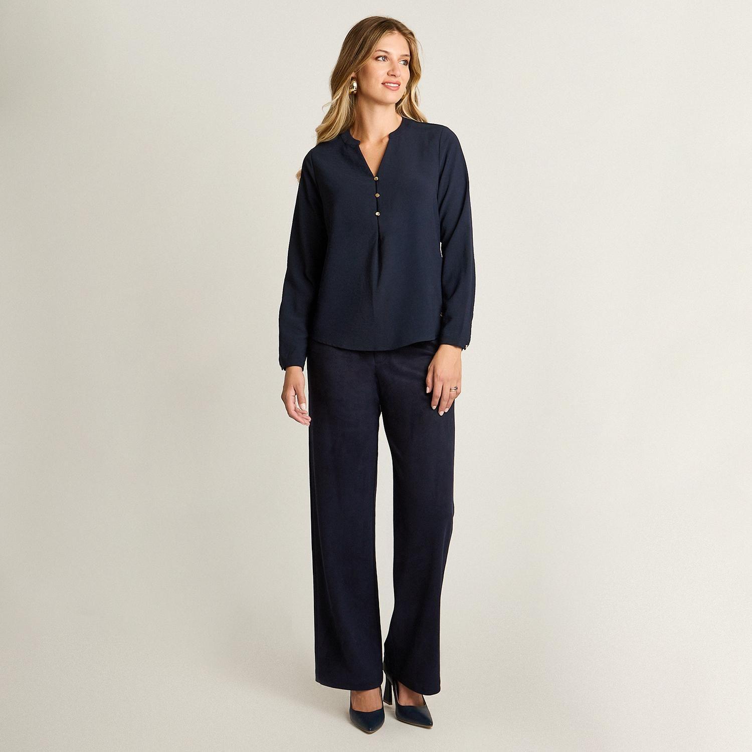 Blusa Azul Lisa Cuello Mao con Botones-3