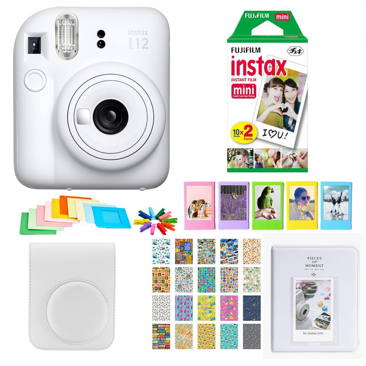 SET COMPLETO CÁMARA FUJIFILM INSTAX MINI 12 BLANCA +20 PELÍCULAS +ACCESORIOS-0