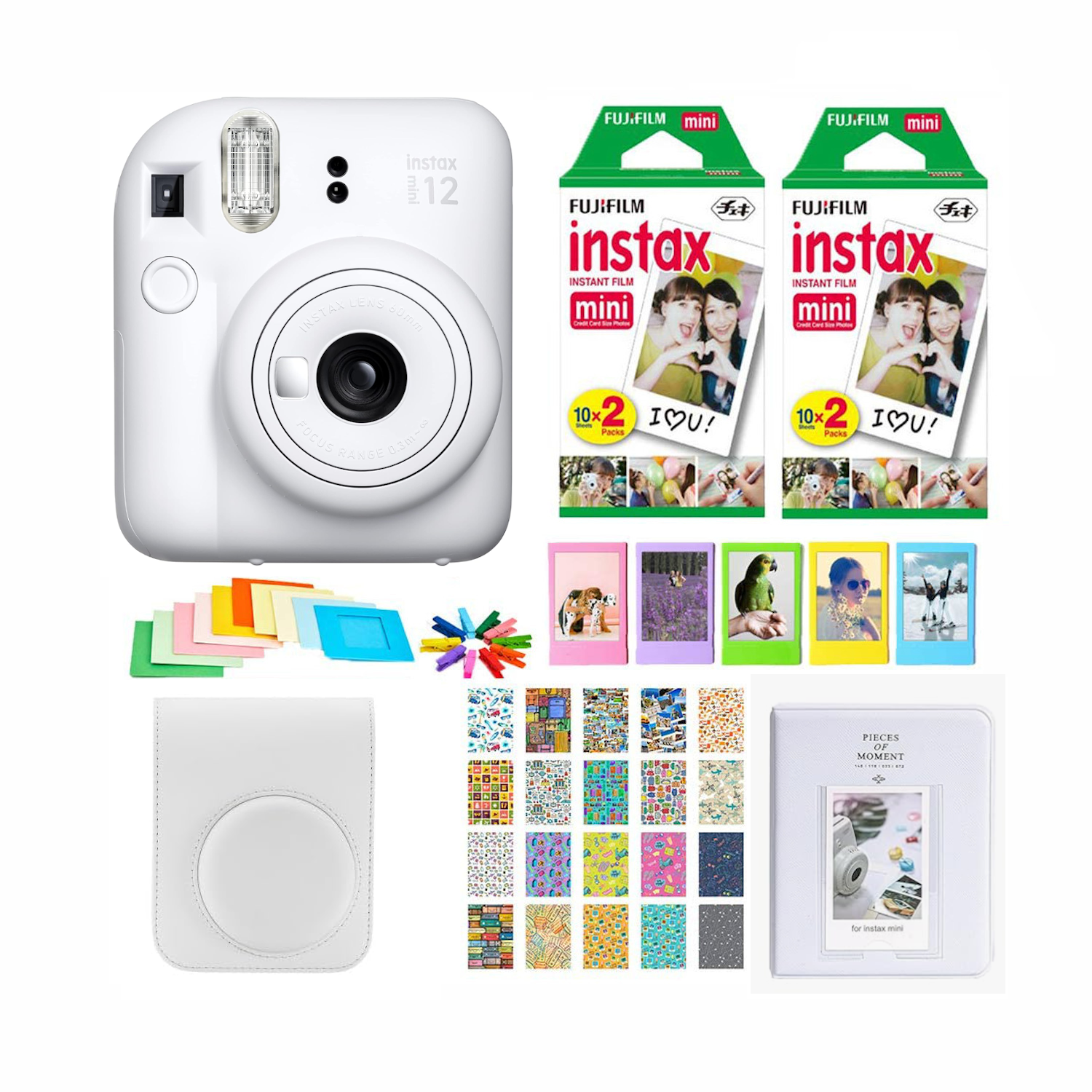 SET COMPLETO CÁMARA FUJIFILM INSTAX MINI 12 BLANCA +40 PELÍCULAS +ACCESORIOS-0