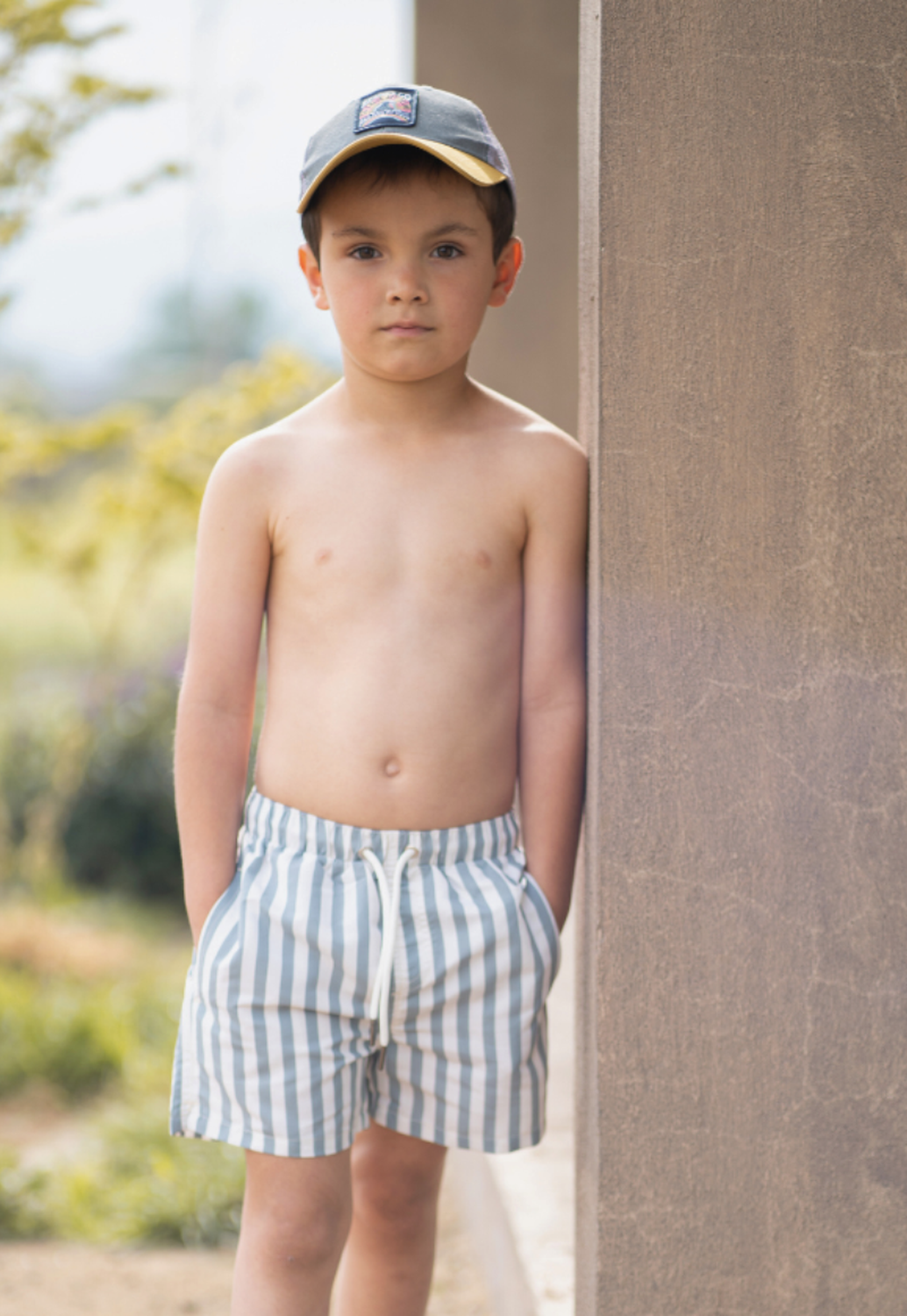 Traje de Baño Niño Rayas Verde Blanco Wappy Short con Bolsillos y Cordón-1