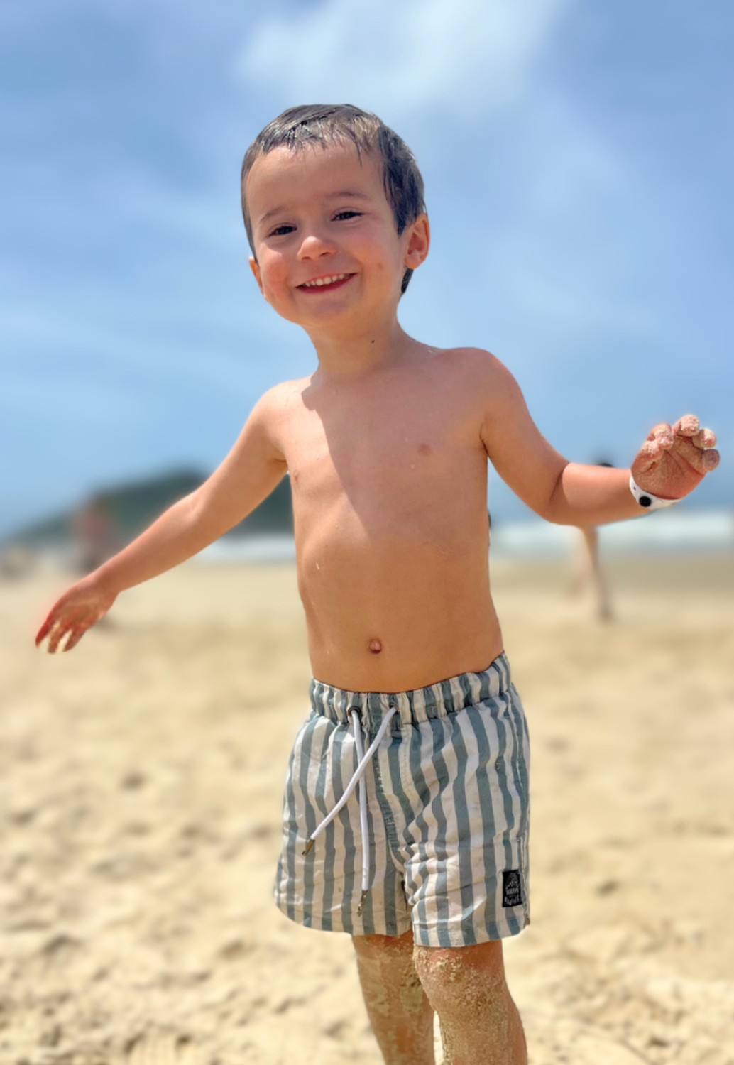 Traje de Baño Niño Rayas Verde Blanco Wappy Short con Bolsillos y Cordón-2