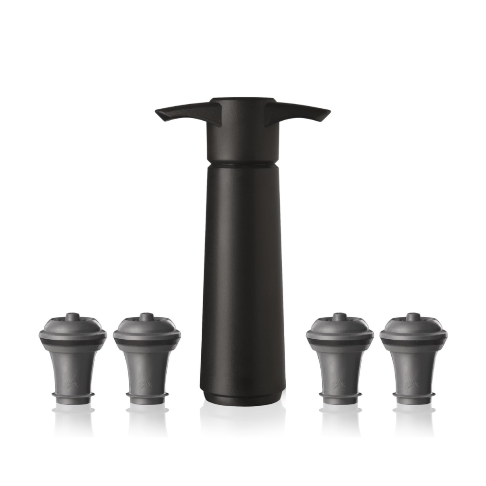 Set Bomba y 4 Tapones de Vacío para Vino Negro-0