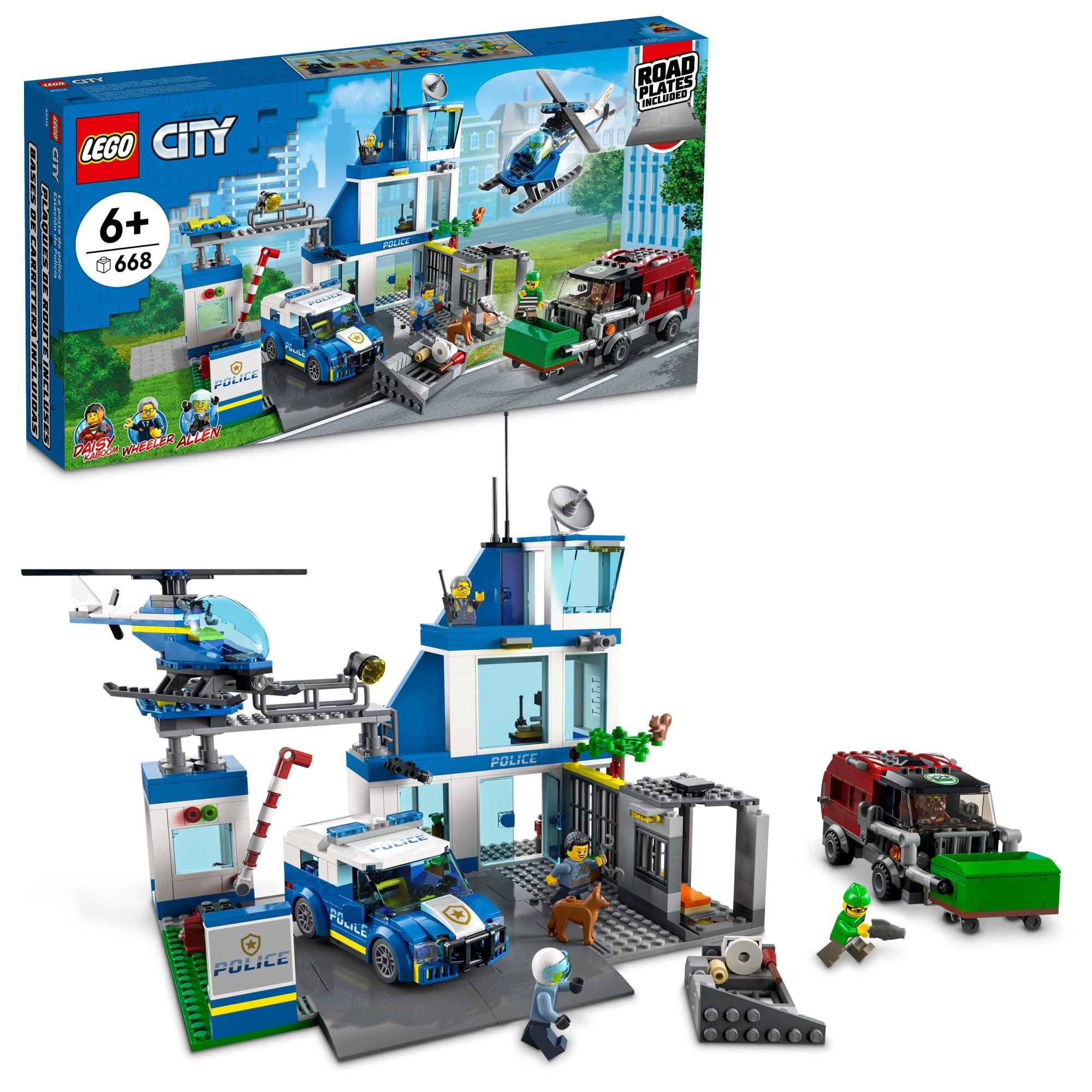 Comisaría de policía de LEGO City de juguete con furgoneta, camión de basura y helicóptero-0