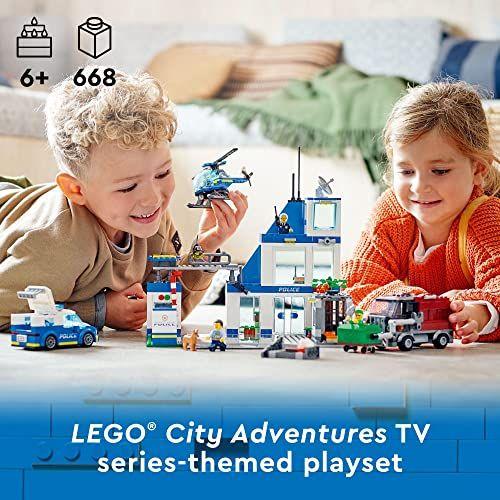 Comisaría de policía de LEGO City de juguete con furgoneta, camión de basura y helicóptero-1