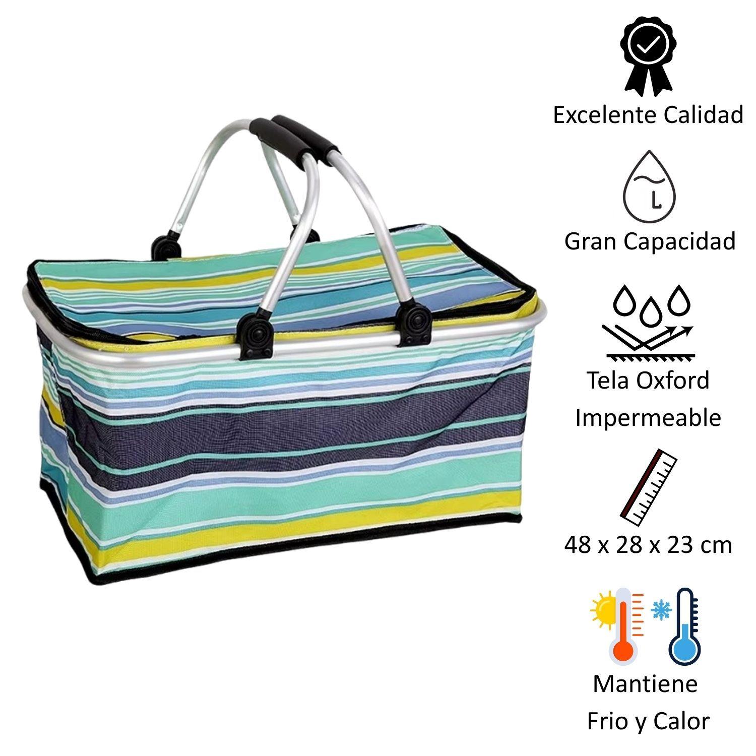 Bolso Termico Plegable Rayas Azul Cooler Picnic-2