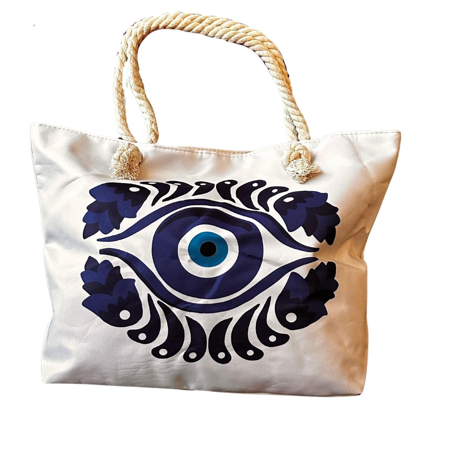 Bolso Playa Lona Algodón Blanco Con Cierre Y Bolsillo-0